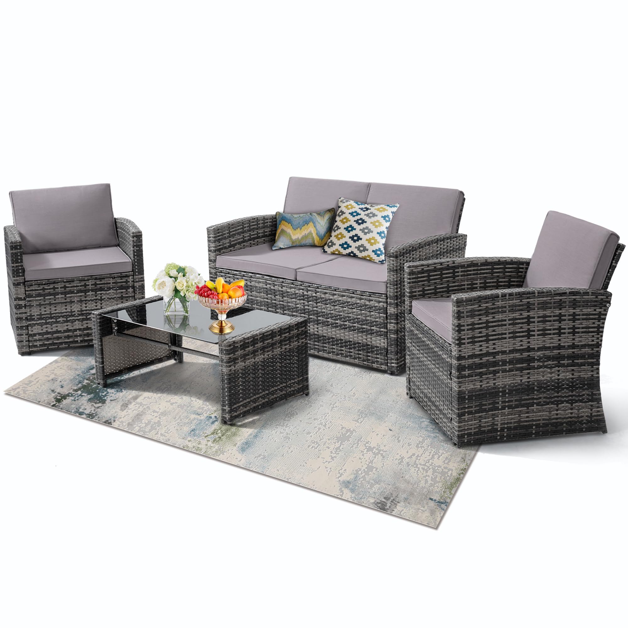 KROFEM 4-Piece Patio Furniture Set, Wicker Outdoor Rattan Sectional Sofa with Cushions and Glass Table, All-Weather Outdoor Conversation Set for Garden, Porch, Backyard, Patio, Black