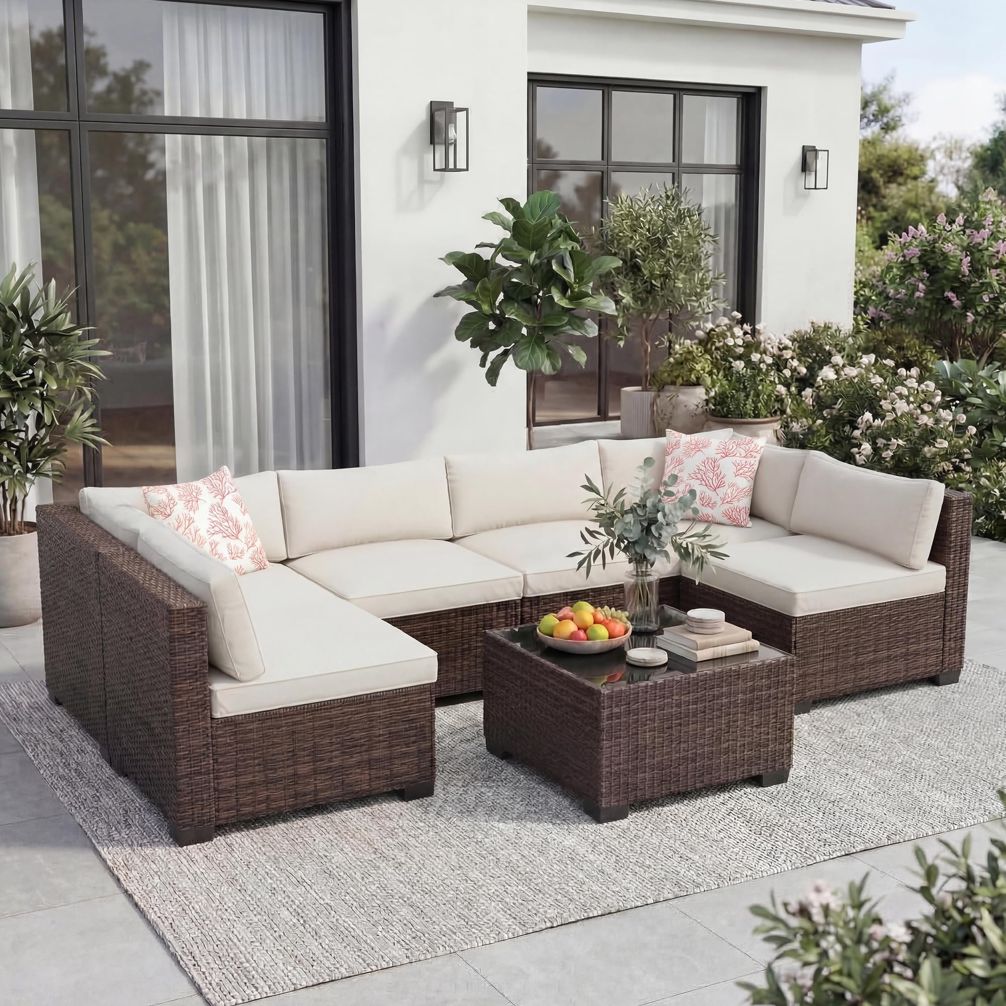 4PCS Outdoor Patio Bistro Set, PE Rattan Wicker Armchairs with Water-Resistant Cushions & Tempered Glass Coffee Table, All-Weather Conversation Set for Garden, Backyard, Porch, Poolside, Brown/Beige