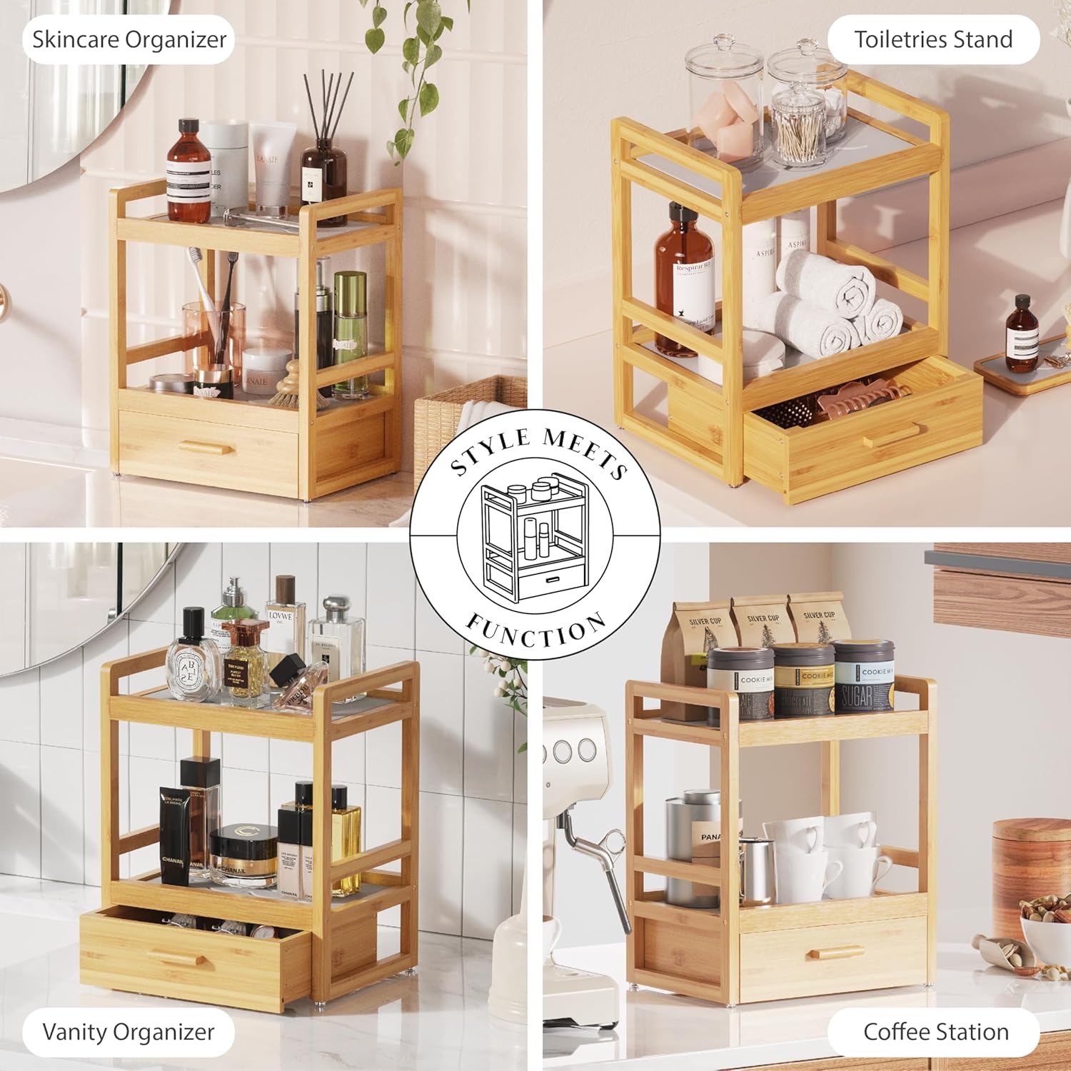 2 Tier Bathroom Organizer Countertop, Bamboo Vanity Organizers and Storage with Drawer for Skincare & Makeup, Counter Shelf with Stone Drying Mat for Coffee Bar, Kitchen, Matcha Station