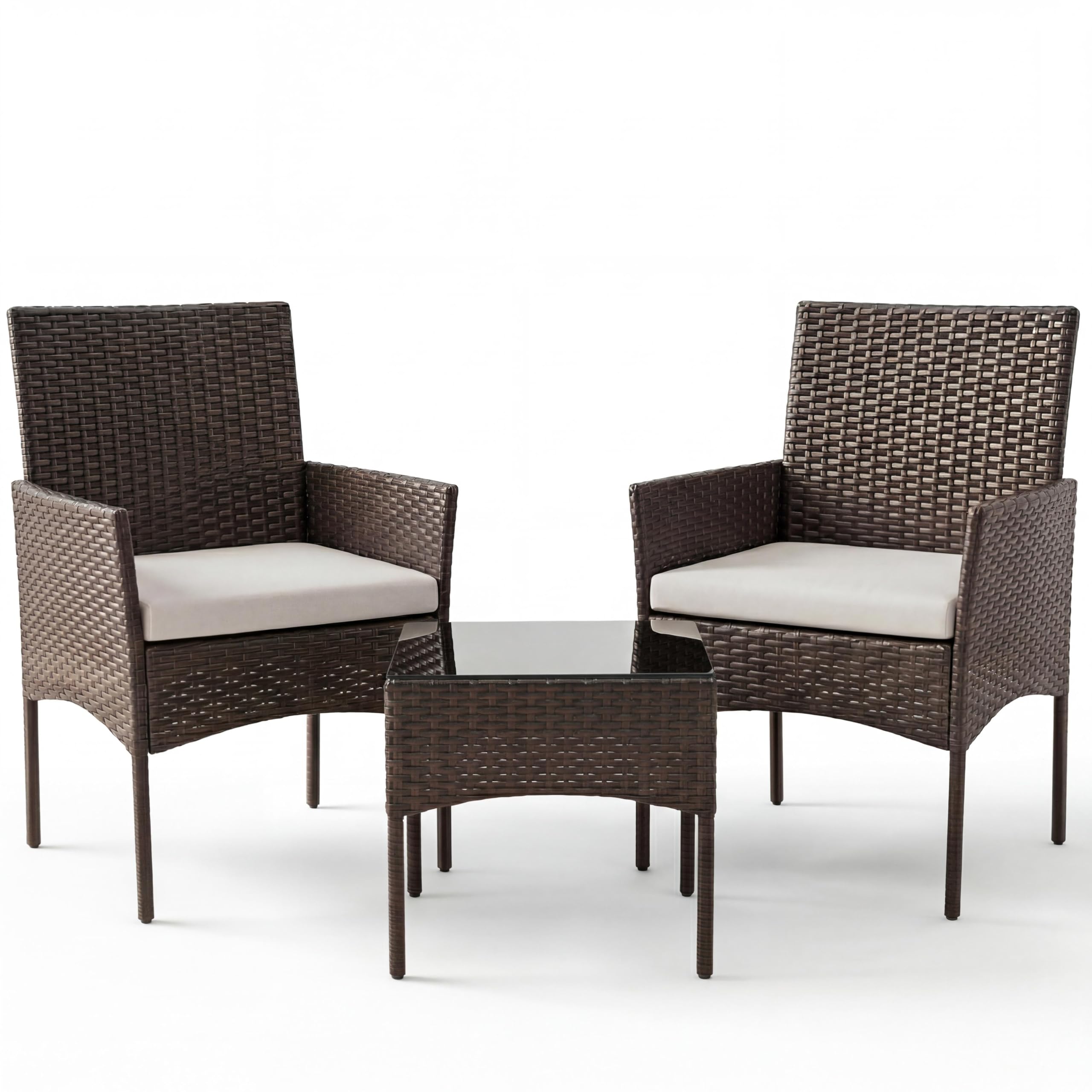 Sweetcrispy 4-Piece Patio Furniture Set, Weather-Resistant PE Rattan Wicker Outdoor Conversation Set with Tempered Glass Tabletop, Durable Outdoor Seating for Garden, Backyard, Porch, Deck, Brown