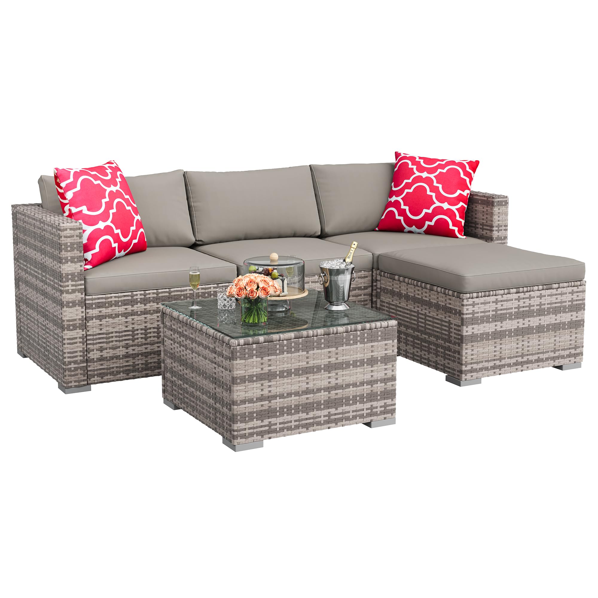 GAOMON 3-Piece Patio Furniture Set, Modern PE Rattan Conversation Set with 2 Chairs & Tempered Glass Coffee Table, All-Weather Outdoor Seating for Garden, Porch, Balcony, Poolside, Brown/Cream