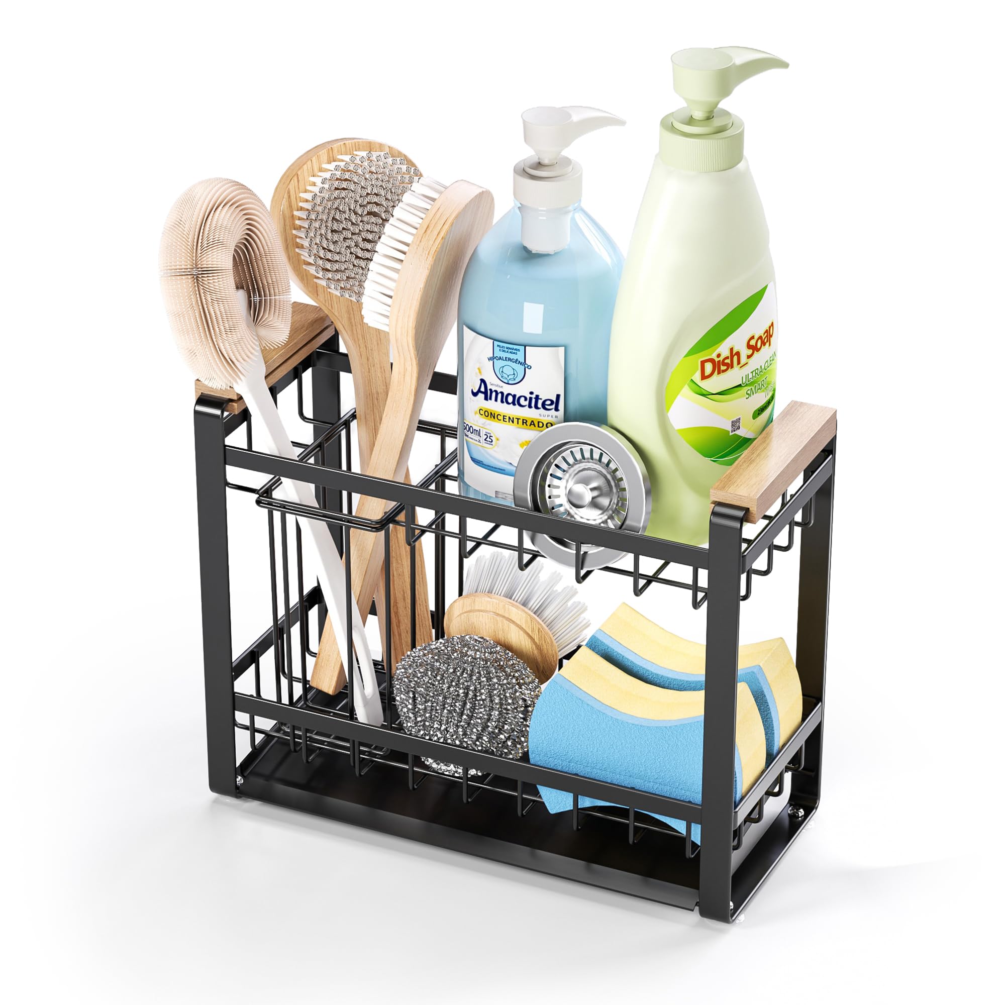 Sink Caddy Organizer with Wooden Handle & Self-Draining Tray, Trapezoid Kitchen Sponge Holder with Non-Slip Suction Cups , Organizer for Sponge, Brush, Soap Dispenser for Sink and Bathroom Countertop