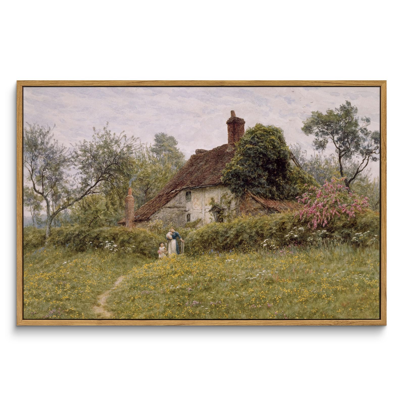 InSimSea Framed Canvas Wall Art Vintage Decor, Landscape Wall Art, Meadow with Flowers Art, Modern Farmhouse Decor, Cottagecore Bedroom Bathroom Office Decorations, 24"x36"
