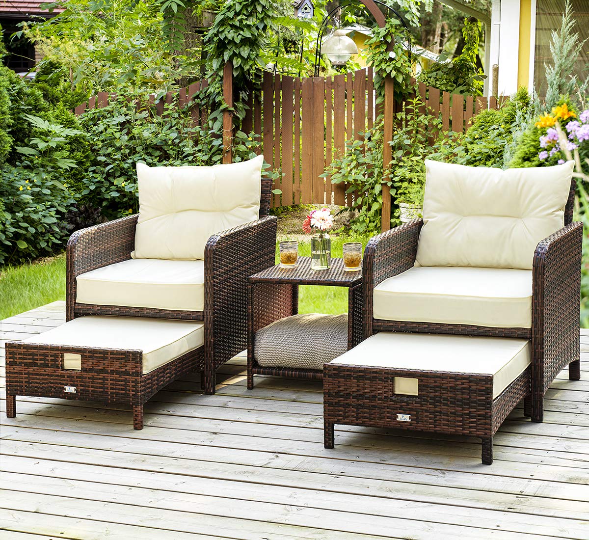 Pamapic Outdoor Furniture 5 Piece Patio Conversation Set, Wicker Rattan Patio Set with Soft Cushions & Coffee Table, Balcony Furniturefor with 2 Ottoman for Porch, Garden, Lawn (Grey)