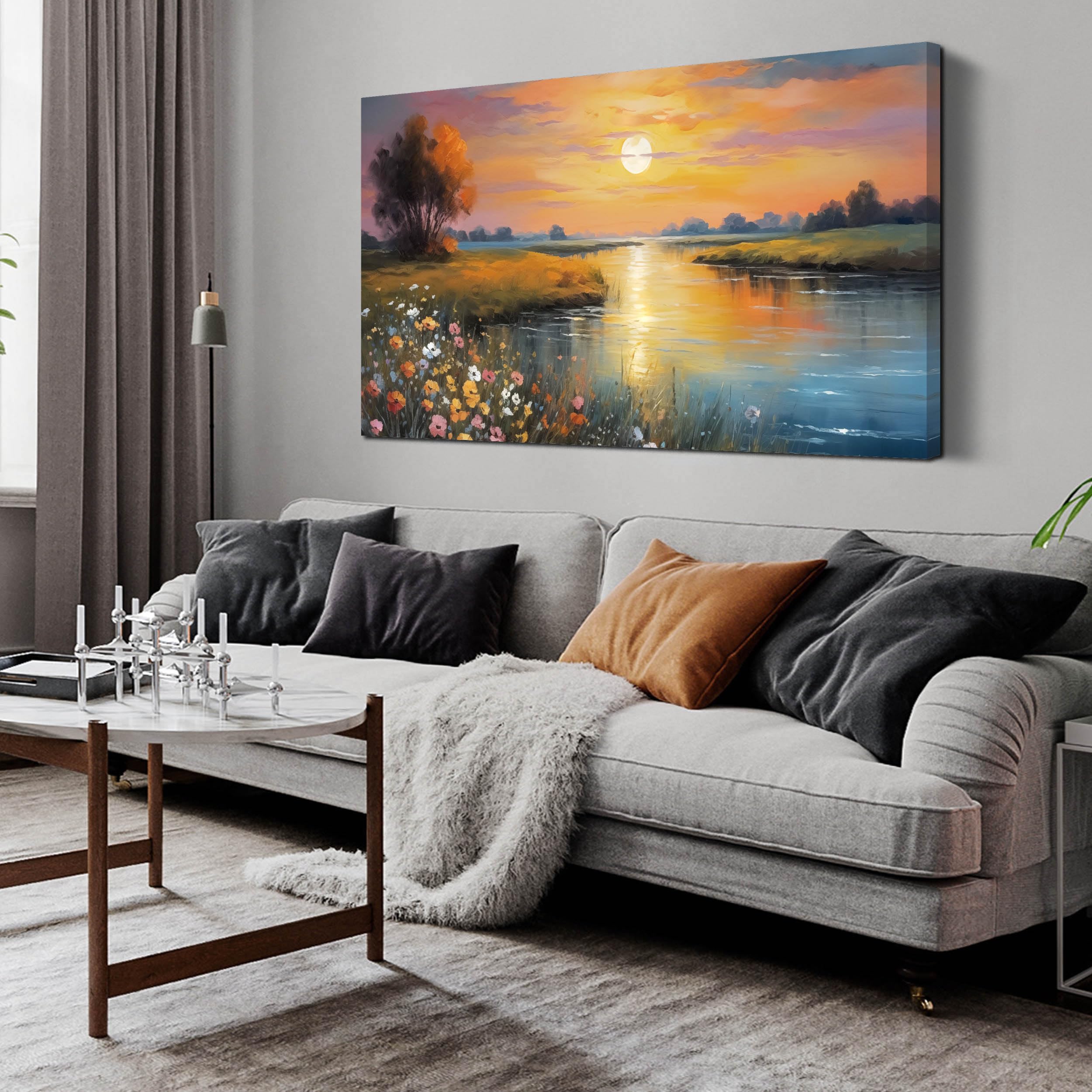 Orange Yellow Sunset Lake Landscape Canvas Wall Art with Vibrant Colorful Wildflowers & Distant Mountain, Serene Nature Scene Picture Print Painting Artwork for Living Room Bedroom Decor 40x20 Inches
