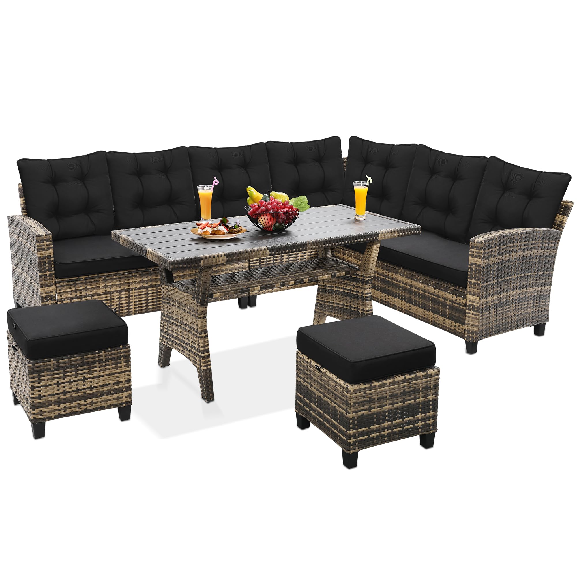 KROFEM 4-Piece Patio Furniture Set, Wicker Outdoor Rattan Sectional Sofa with Cushions and Glass Table, All-Weather Outdoor Conversation Set for Garden, Porch, Backyard, Patio, Black