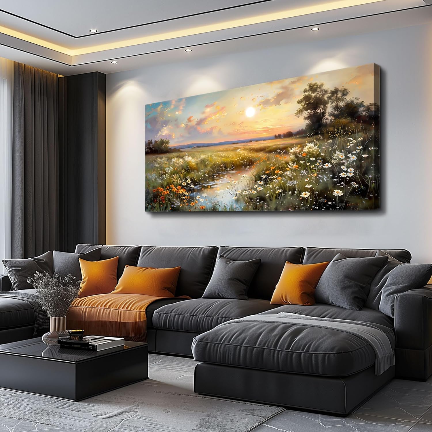 hyidecorart Vintage Farmhouse Wildflower Wall Paintings Canvas Wall Art for Living Room Wall Decor for Bedroom Office Decorations Nature Landscape Picture Artwork Aesthetic Home Decor Ready To Hang
