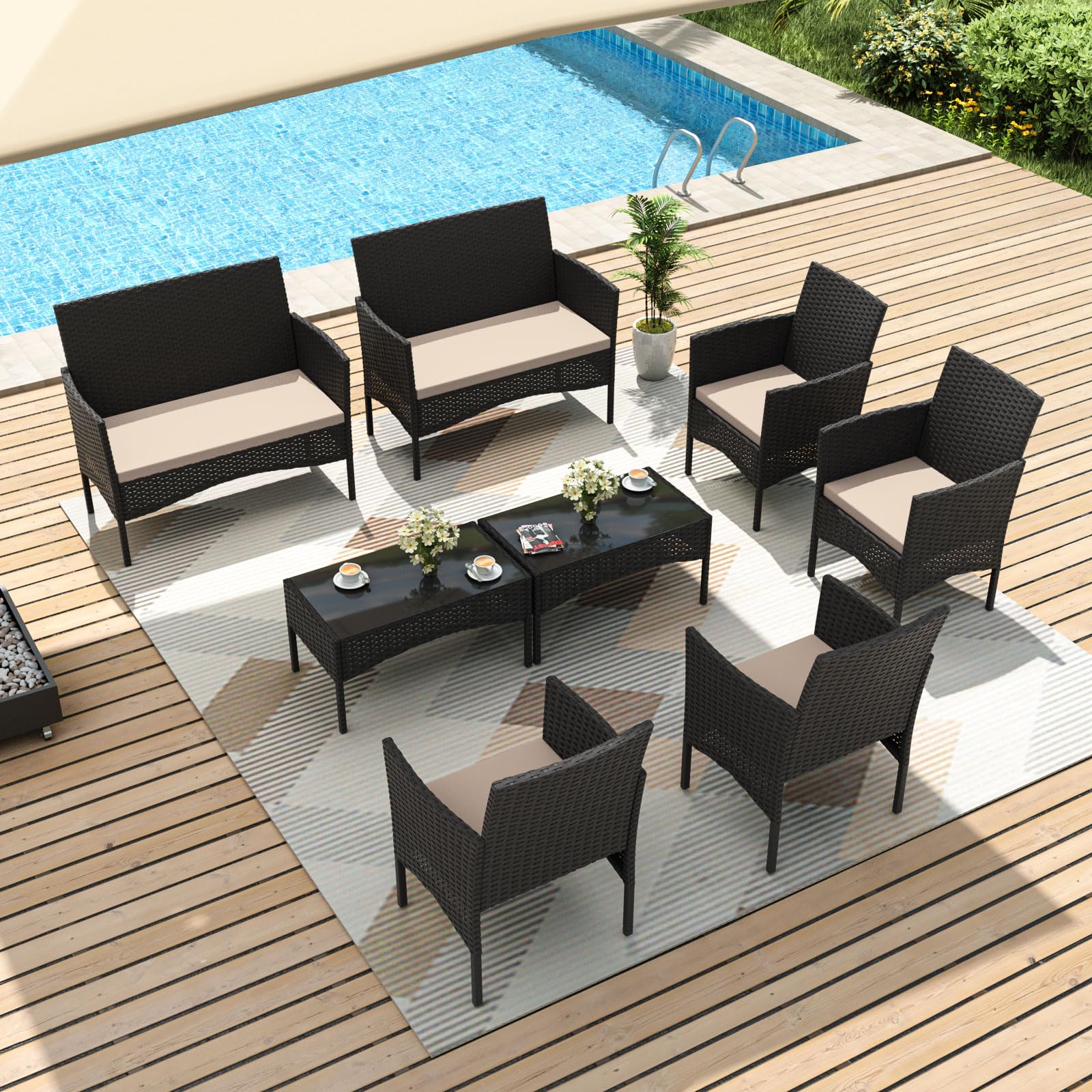 Gotland 4-Piece Outdoor Patio Furniture Set, Wicker Rattan Chairs & Sofa with Cushions and Glass Coffee Table, Conversation Set for Backyard, Lawn, Porch, Pool, Garden (Navy-2)