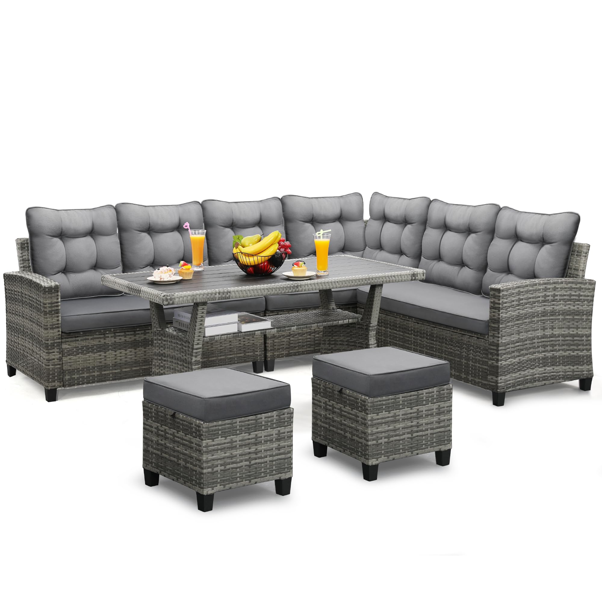 KROFEM 4-Piece Patio Furniture Set, Wicker Outdoor Rattan Sectional Sofa with Cushions and Glass Table, All-Weather Outdoor Conversation Set for Garden, Porch, Backyard, Patio, Black