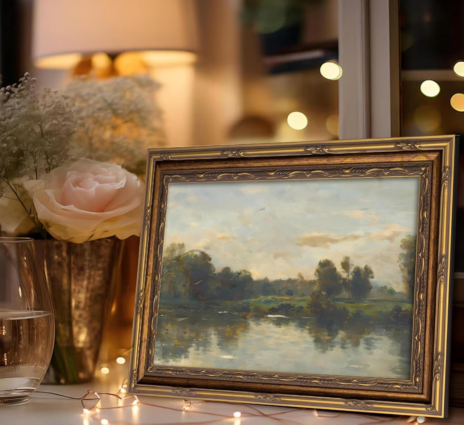 Vintage Gold Framed Landscape Wall Art Vintage River Painting Canvas Prints Landscape Wall Decor Countryside Painting Style Poster Print Artwork for Living Room Bedroom Home Decoration