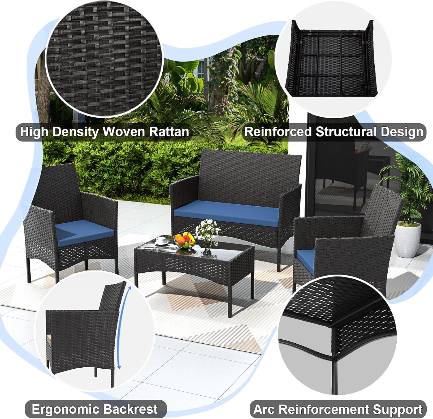 Gotland 4-Piece Outdoor Patio Furniture Set, Wicker Rattan Chairs & Sofa with Cushions and Glass Coffee Table, Conversation Set for Backyard, Lawn, Porch, Pool, Garden (Navy-2)