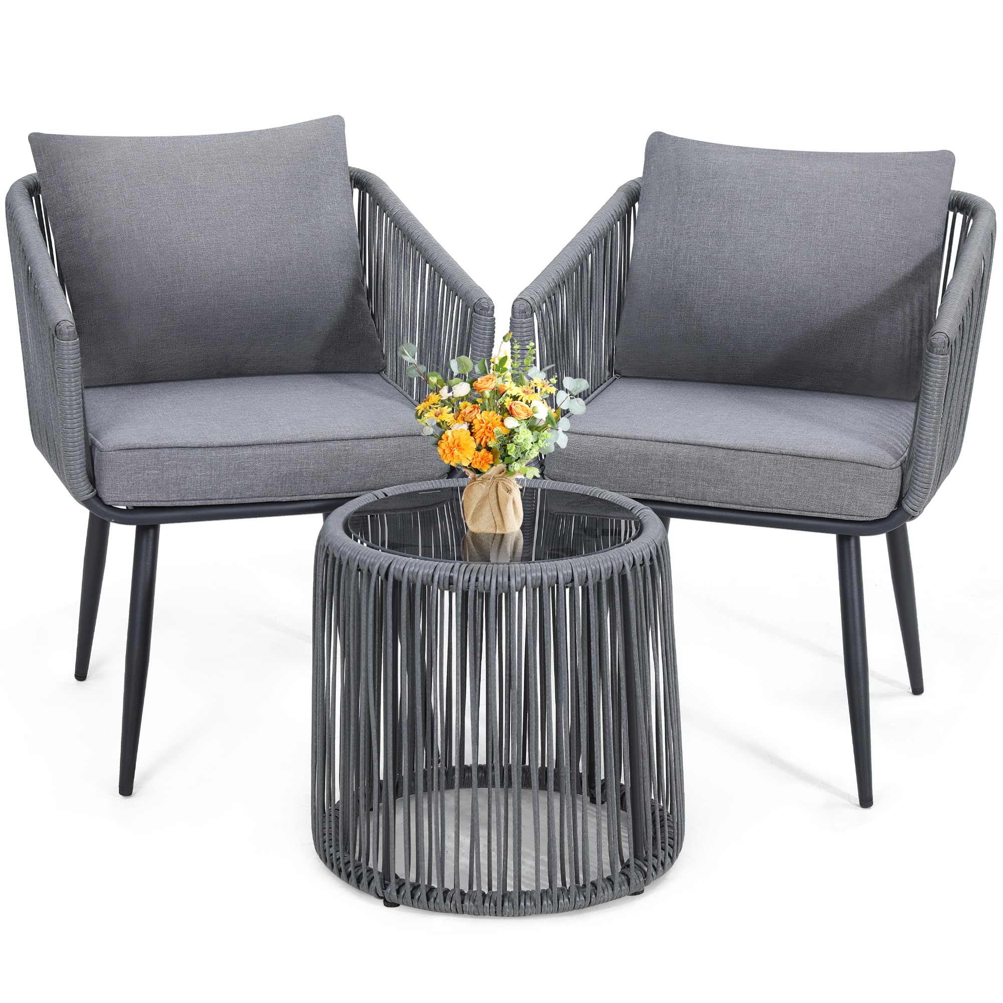 Kromax 3 Pieces Patio Rattan Bistro Conversation Set, Outdoor All-Weather Wicker Furniture Chairs and Side Table Set Ideal for Balcony, Porch and Backyard, Black