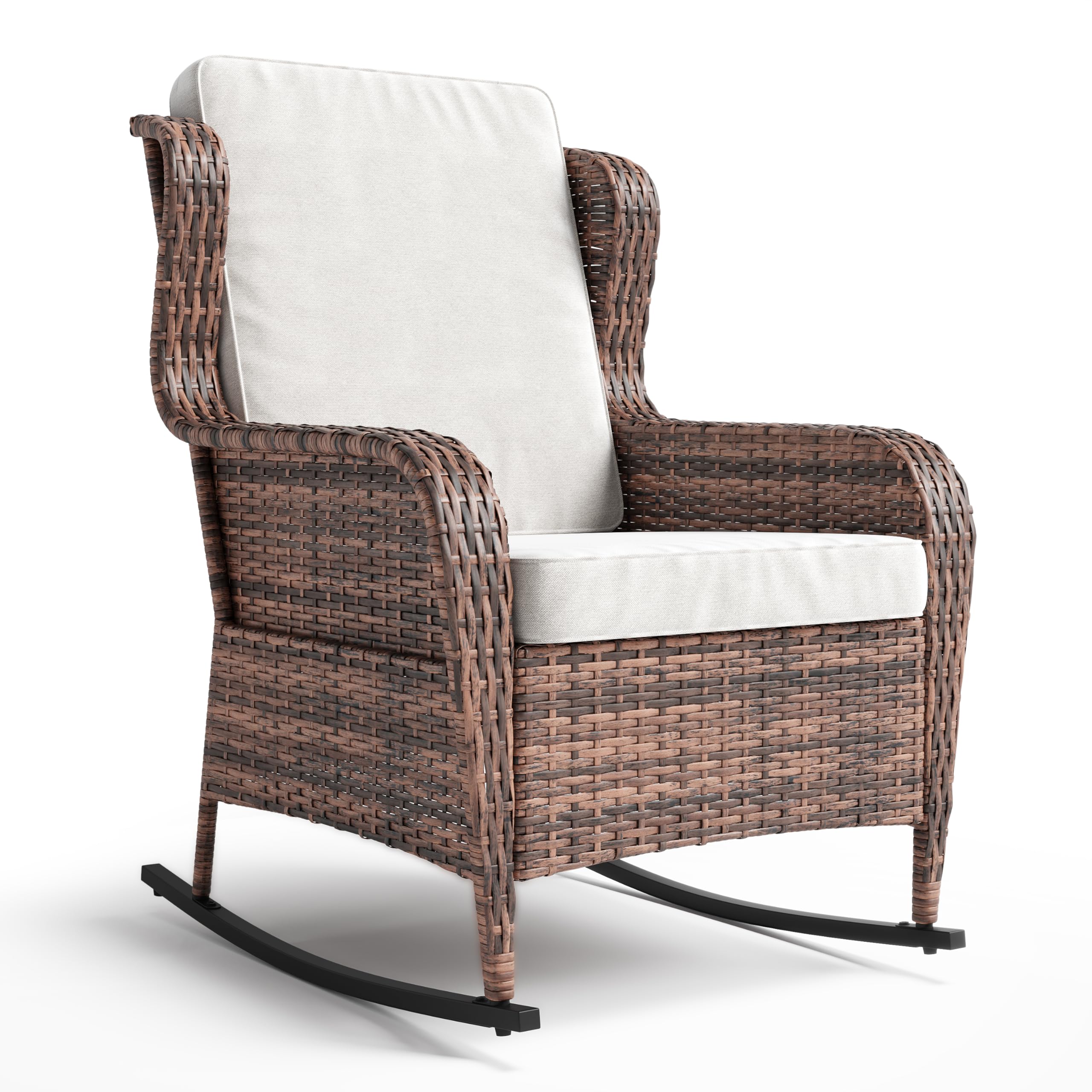 4PCS Outdoor Patio Bistro Set, PE Rattan Wicker Armchairs with Water-Resistant Cushions & Tempered Glass Coffee Table, All-Weather Conversation Set for Garden, Backyard, Porch, Poolside, Brown/Beige