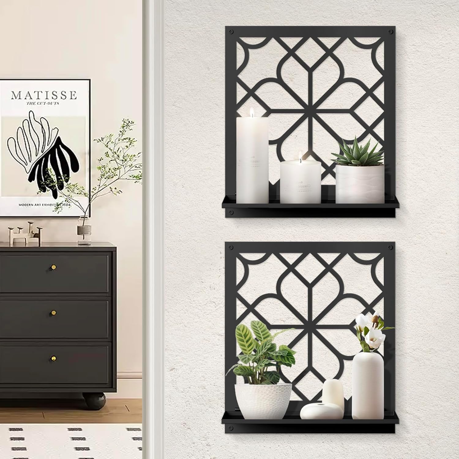 Black Metal Wall Candle Holder Set of 2, Minimalist Rustic Aesthetics Wall Art Decor for Living Room Bedroom Bathroom (11.8 x 13 in)