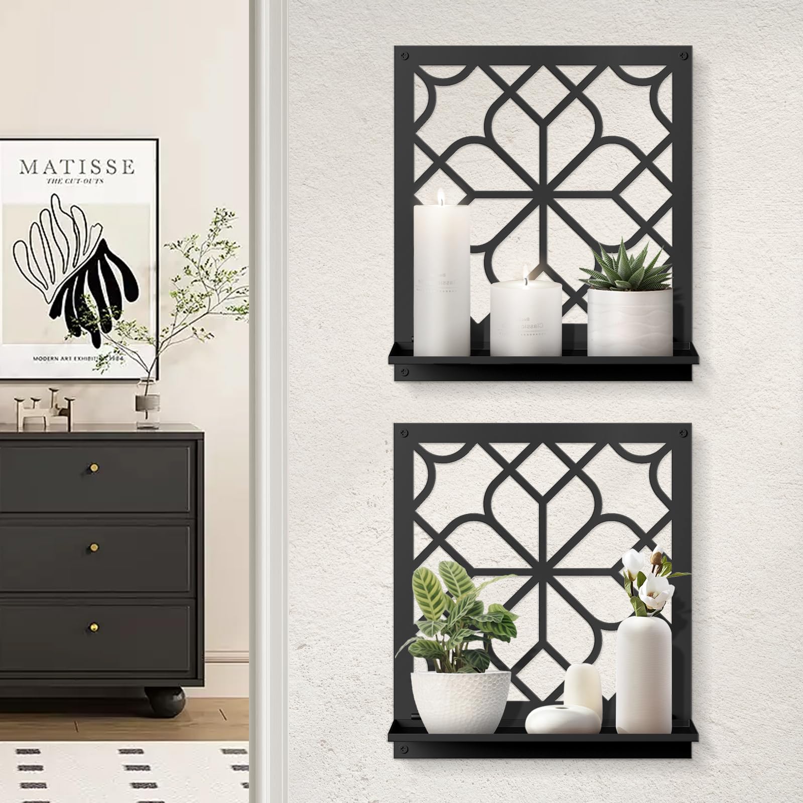 Black Metal Wall Candle Holder Set of 2, Minimalist Rustic Aesthetics Wall Art Decor for Living Room Bedroom Bathroom (11.8 x 13 in)