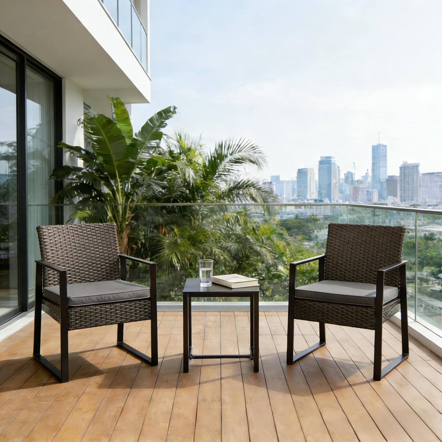 UNITED FLAMES 3 Piece Patio Furniture Set, Balcony Wicker Furniture with Tempered Glass Table & Water Resistant Cushions, Modern Rattan Chairs for Porch, Backyard, Poolside, Garden, Brown