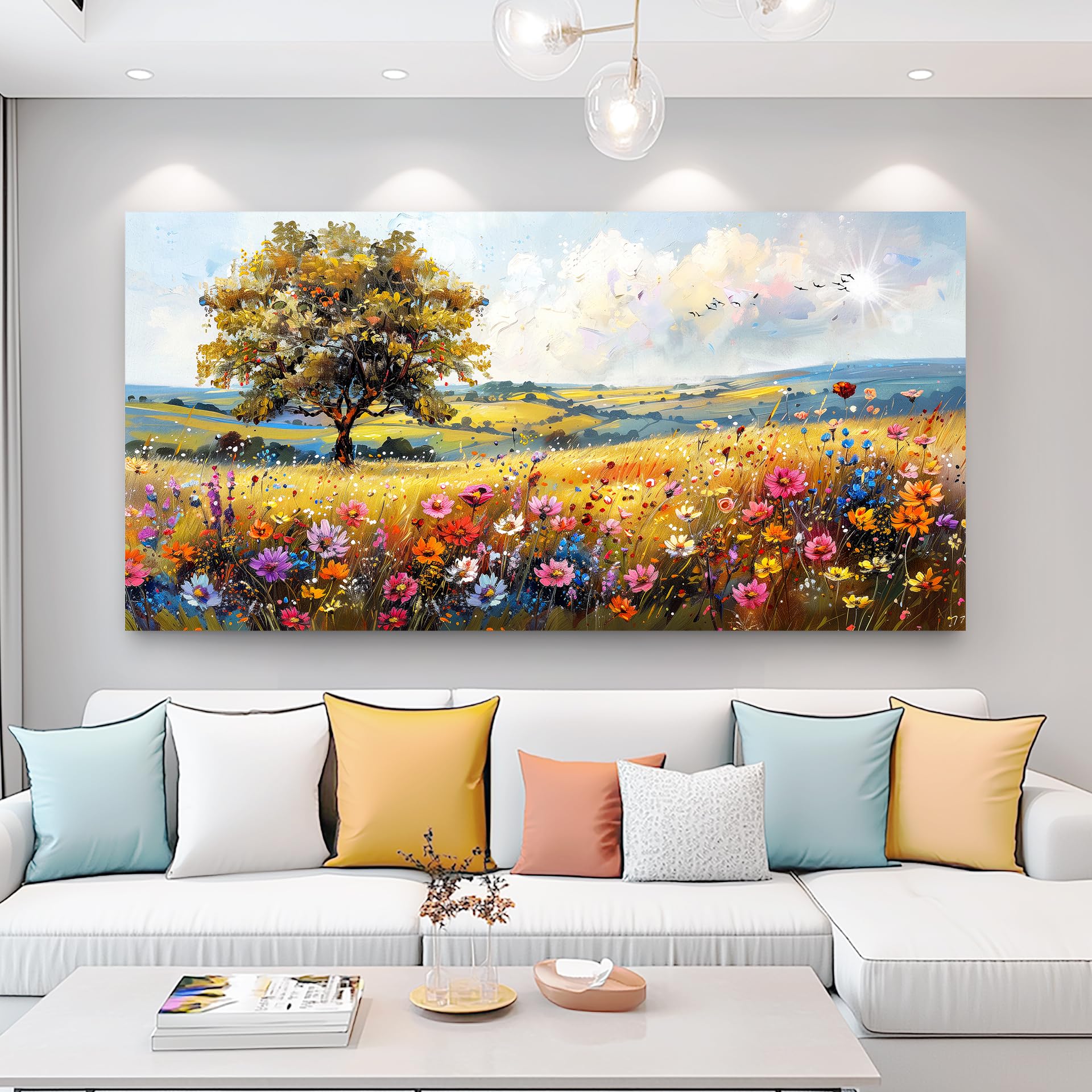 hyidecorart Vintage Farmhouse Wildflower Wall Paintings Canvas Wall Art for Living Room Wall Decor for Bedroom Office Decorations Nature Landscape Picture Artwork Aesthetic Home Decor Ready To Hang