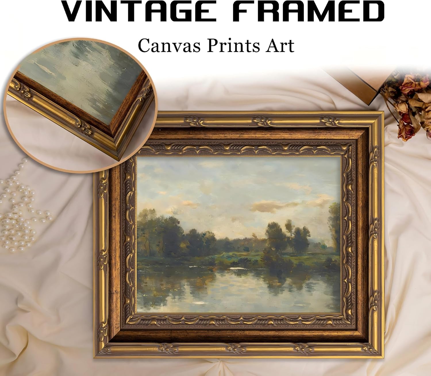Vintage Gold Framed Landscape Wall Art Vintage River Painting Canvas Prints Landscape Wall Decor Countryside Painting Style Poster Print Artwork for Living Room Bedroom Home Decoration