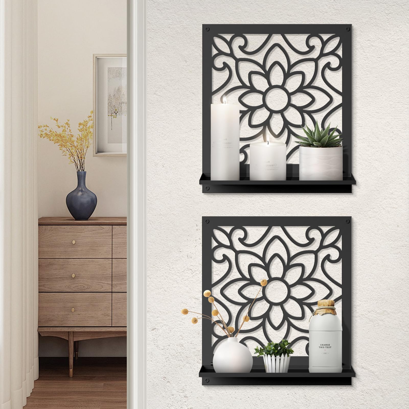 Black Metal Wall Candle Holder Set of 2, Minimalist Rustic Aesthetics Wall Art Decor for Living Room Bedroom Bathroom (11.8 x 13 in)