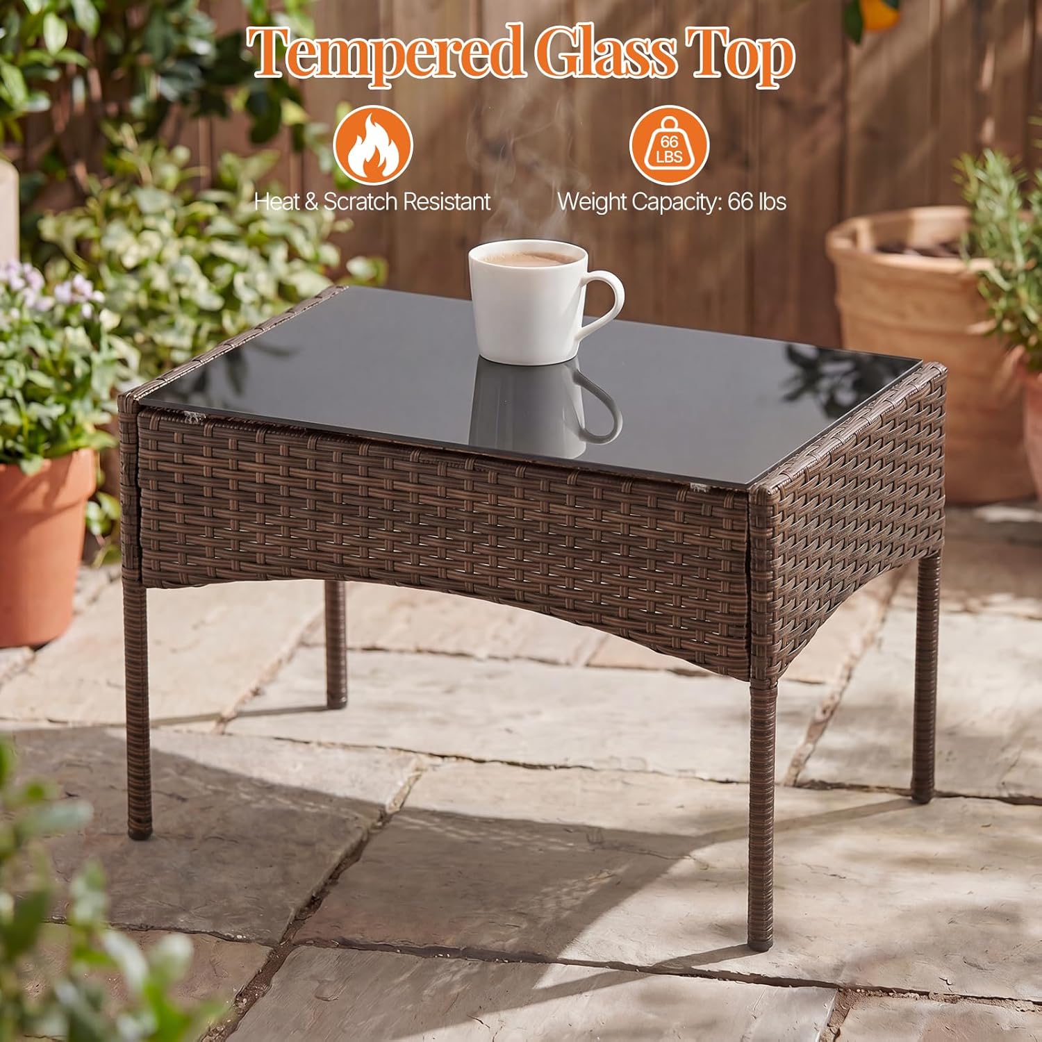 Sweetcrispy 4-Piece Patio Furniture Set, Weather-Resistant PE Rattan Wicker Outdoor Conversation Set with Tempered Glass Tabletop, Durable Outdoor Seating for Garden, Backyard, Porch, Deck, Brown