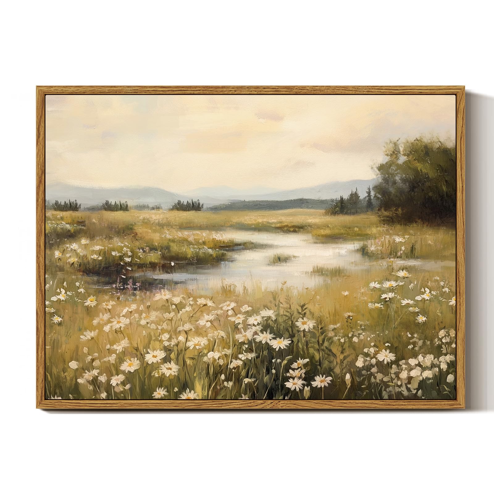 InSimSea Framed Canvas Wall Art Vintage Decor, Landscape Wall Art, Meadow with Flowers Art, Modern Farmhouse Decor, Cottagecore Bedroom Bathroom Office Decorations, 24"x36"