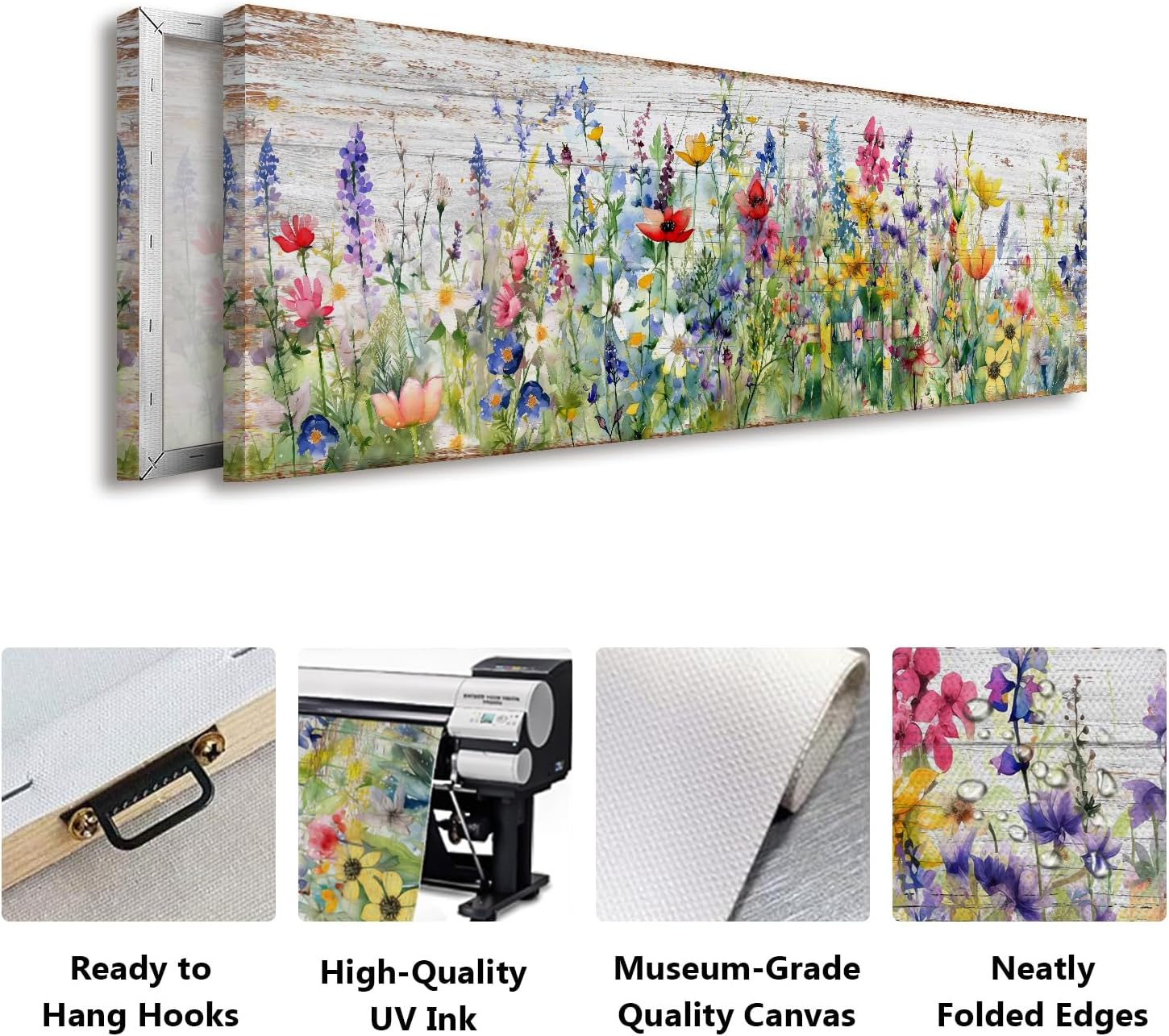 Rustic Wildflower Wall Art Colorful Farmhouse Floral Scenery Picture Decor Watercolor Flower Landscape Wood Grain Prints Painting Artwork for Living Room Office Bathroom Bedroom Home Decoration 14x48"