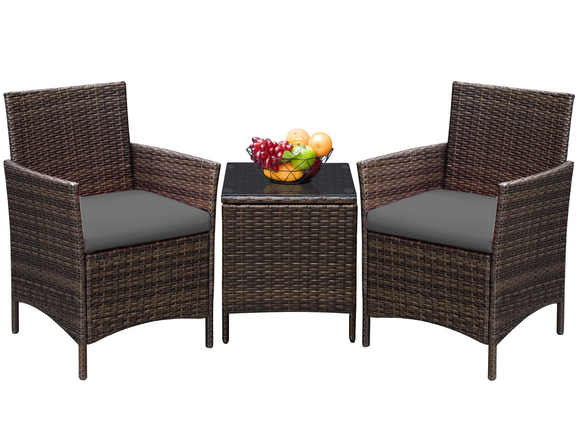 Greesum 3 Pieces Patio Furniture Sets Outdoor PE Rattan Wicker Chairs with Soft Cushion and Glass Coffee Table for Garden Backyard Porch Poolside, Brown and Beige