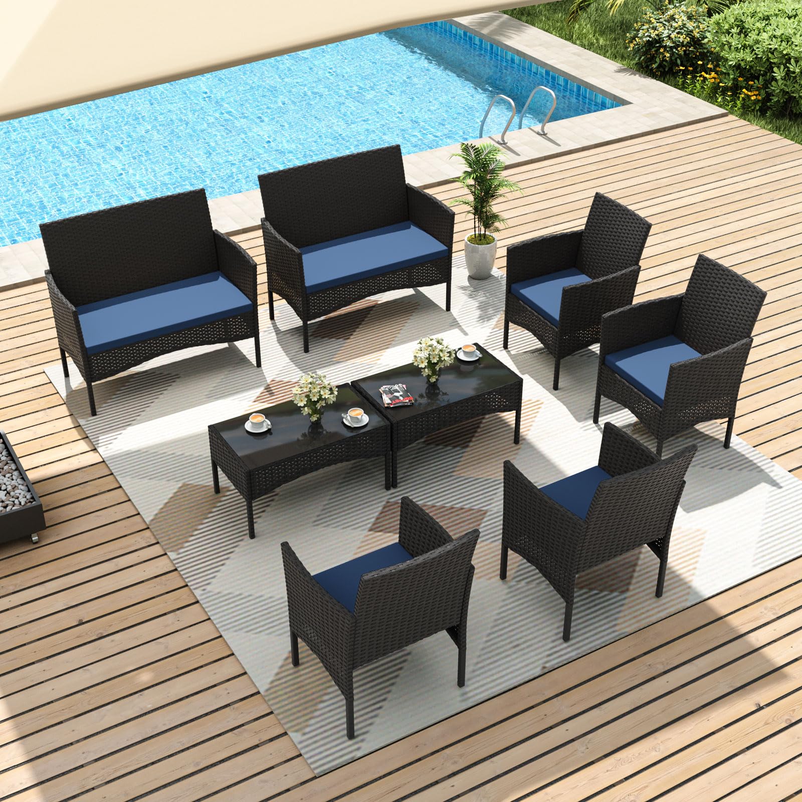 Gotland 4-Piece Outdoor Patio Furniture Set, Wicker Rattan Chairs & Sofa with Cushions and Glass Coffee Table, Conversation Set for Backyard, Lawn, Porch, Pool, Garden (Navy-2)