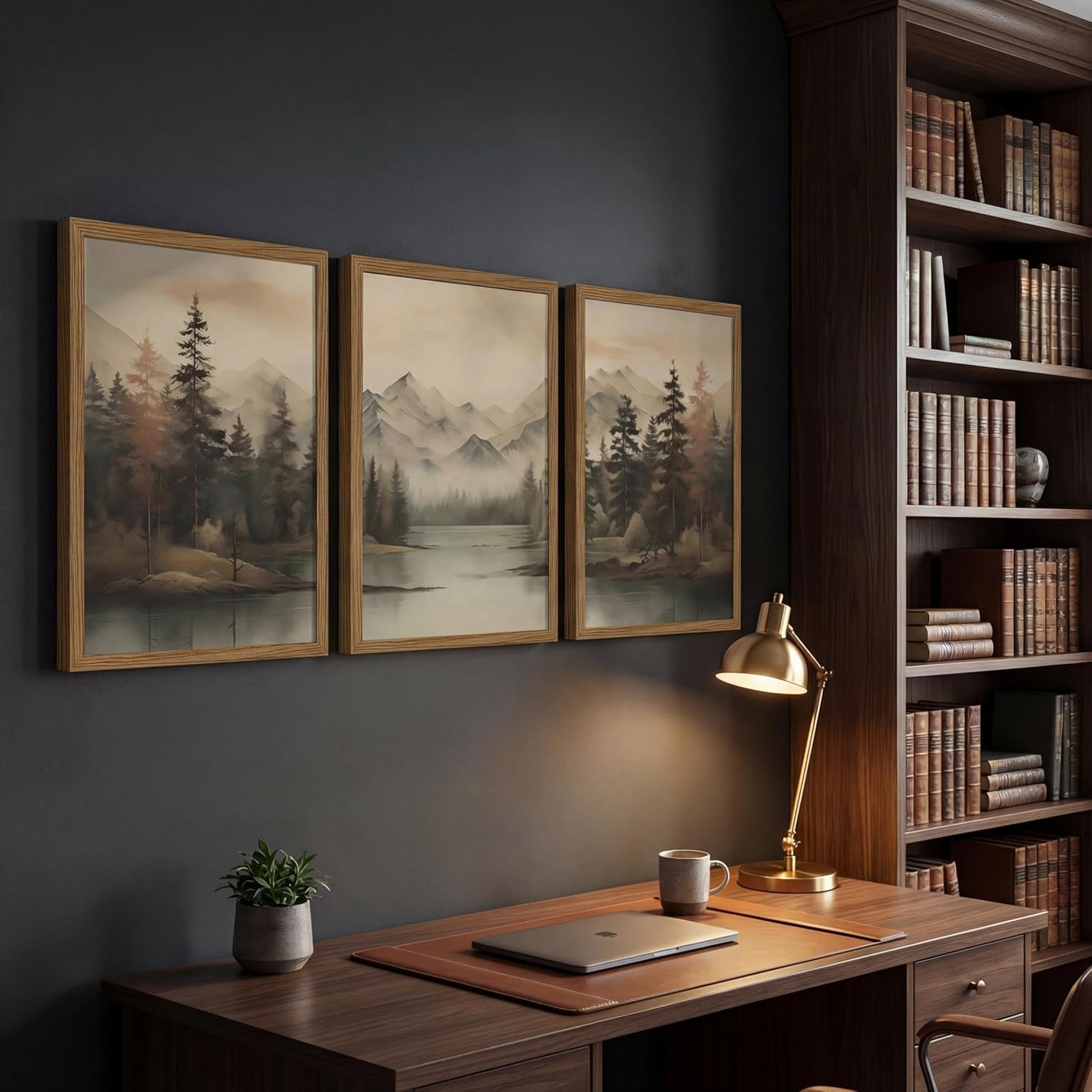 Framed Mountain Landscape Wall Art Canvas Print Vintage Forest Lake Nature Painting Picture Ready to Hang Living Room Bedroom Office Decor 12x16 Inches