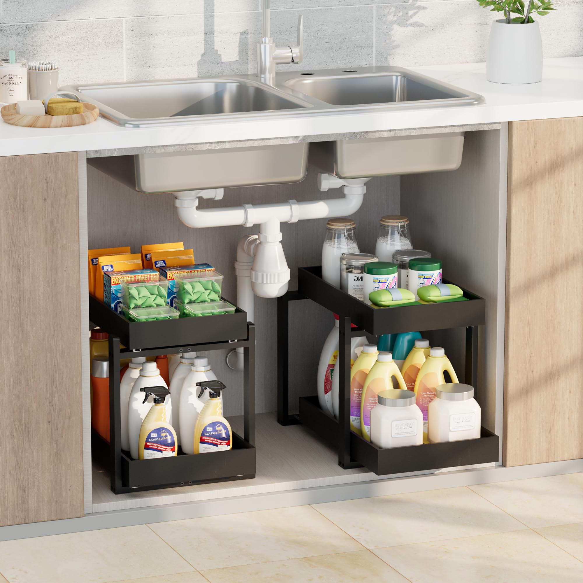 APRTAT 2 Pack Under Sink Organizer, Bamboo Wooden 2-Tier Pull-Out Storage with Sliding Drawers for Kitchen and Bathroom Cabinets, Easy Installation (Natural, 2 Packs)