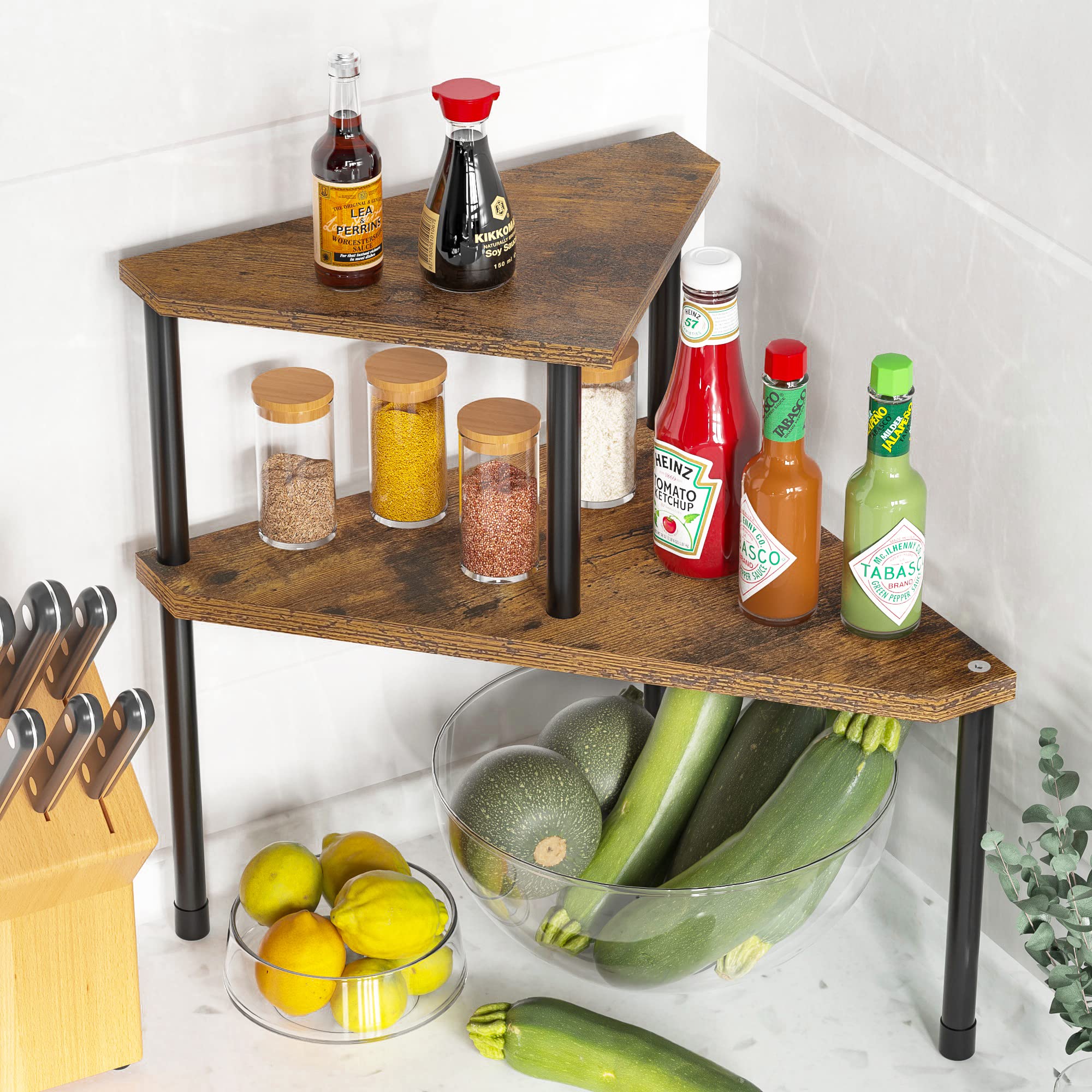 Weenson Bathroom Organizer Countertop, Bathroom Sink Organizer for Toiletries, Makeup, Skincare, Bamboo 2-Tier Kitchen Countertop Organizer for Spice Salt (Brwon)