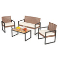 PHI VILLA Patio Wicker Furniture Set for 4, Brown Rattan Loveseat & Chairs with Beige Cushions & Acacia Wood Coffee Table, Outdoor Conversation Sofa Set for Deck, Yard, Porch (Round Hole Back)