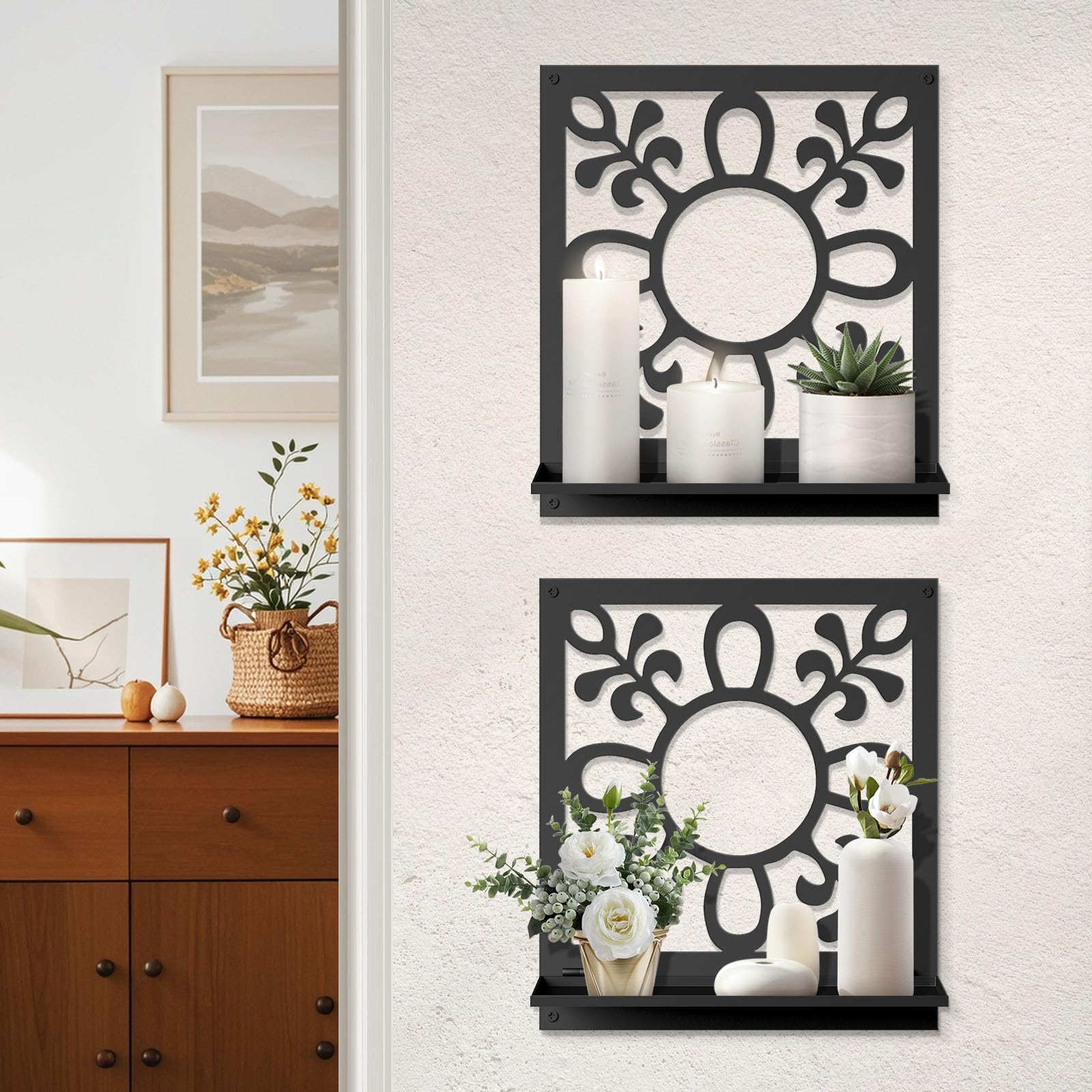 Black Metal Wall Candle Holder Set of 2, Minimalist Rustic Aesthetics Wall Art Decor for Living Room Bedroom Bathroom (11.8 x 13 in)