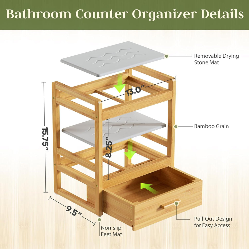 2 Tier Bathroom Organizer Countertop, Bamboo Vanity Organizers and Storage with Drawer for Skincare & Makeup, Counter Shelf with Stone Drying Mat for Coffee Bar, Kitchen, Matcha Station