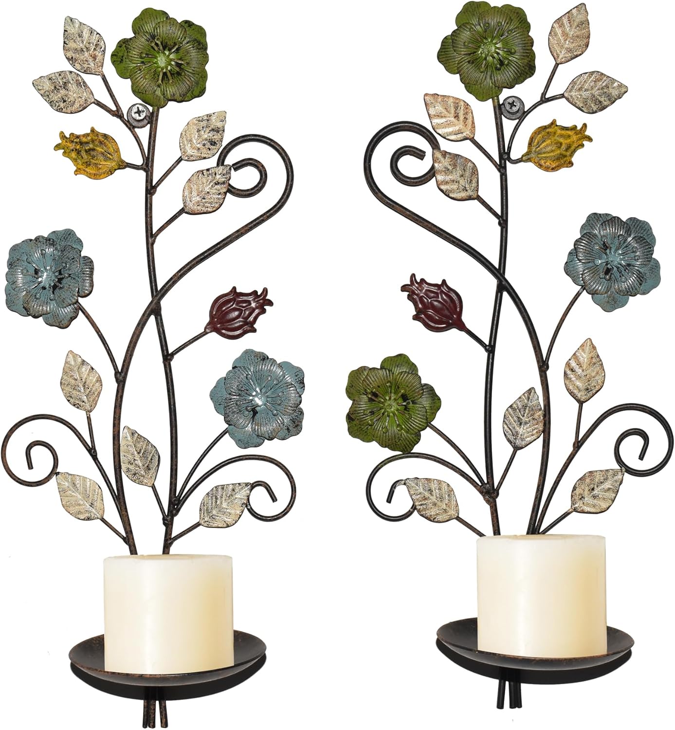 Wall Sconces Candle Holder Set of 2, Antique Multi-Color Leaf Branch Wall Mount Hanging Metal Wall Candle Holder Candle Sconce for Living Room Dining Room…