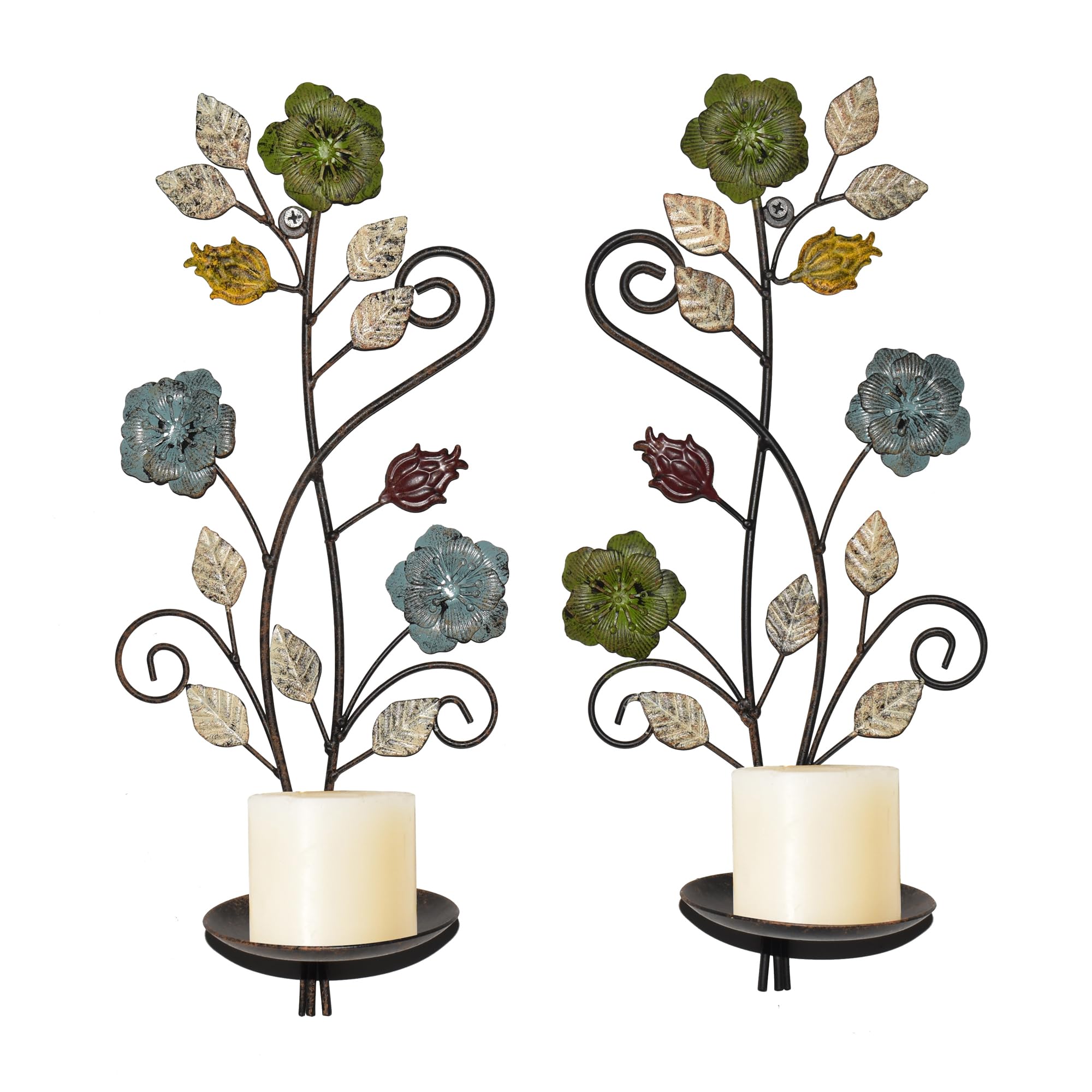 Wall Sconces Candle Holder Set of 2, Antique Multi-Color Leaf Branch Wall Mount Hanging Metal Wall Candle Holder Candle Sconce for Living Room Dining Room…