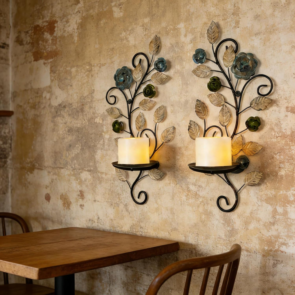 Metal Wall Candle Sconce Holders Set of 2, Rustic Leaf and Flower Branch Candle Holder Wall Decoration for Living Room Farmhouse Wedding Fireplace