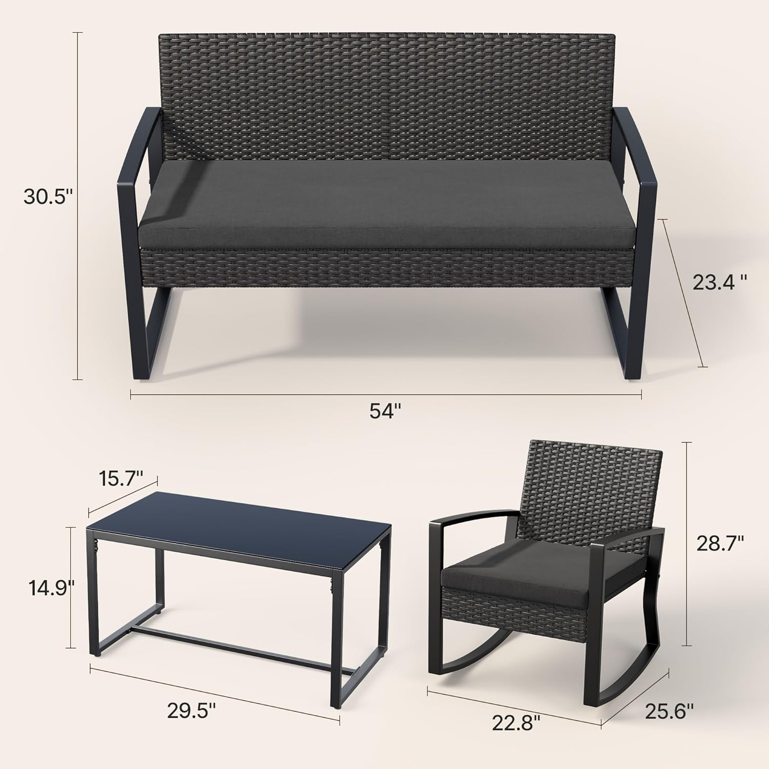 Ahomly 4 Piece Patio Furniture Set, Outdoor Wicker Patio Furniture with Glass Coffee Table, Modern Rattan Rocking Chairs Conversation Set, for Porch, Garden, Lawn (Black)