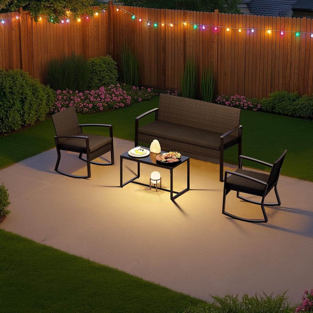 Ahomly 4 Piece Patio Furniture Set, Outdoor Wicker Patio Furniture with Glass Coffee Table, Modern Rattan Rocking Chairs Conversation Set, for Porch, Garden, Lawn (Black)