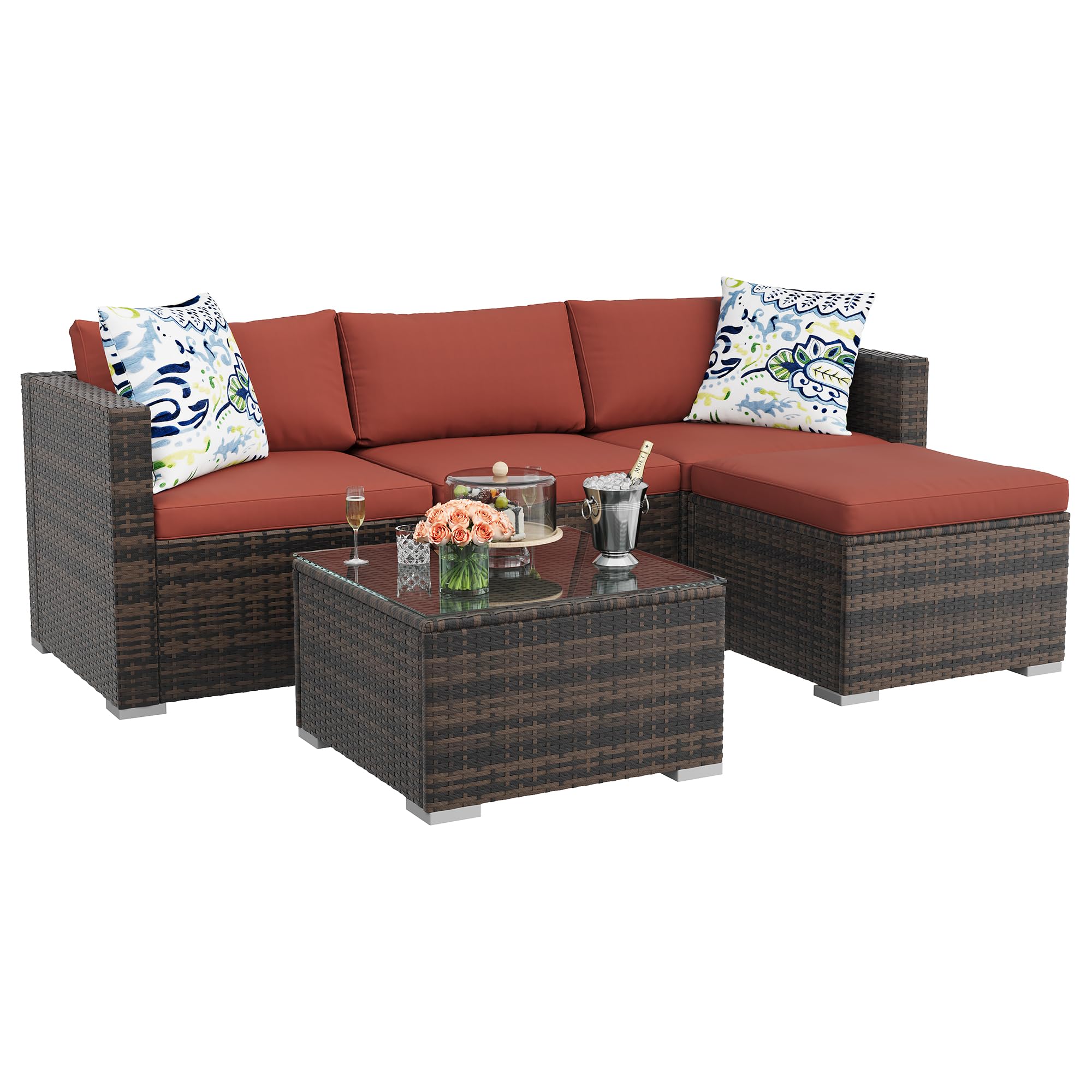 GAOMON 3-Piece Patio Furniture Set, Modern PE Rattan Conversation Set with 2 Chairs & Tempered Glass Coffee Table, All-Weather Outdoor Seating for Garden, Porch, Balcony, Poolside, Brown/Cream