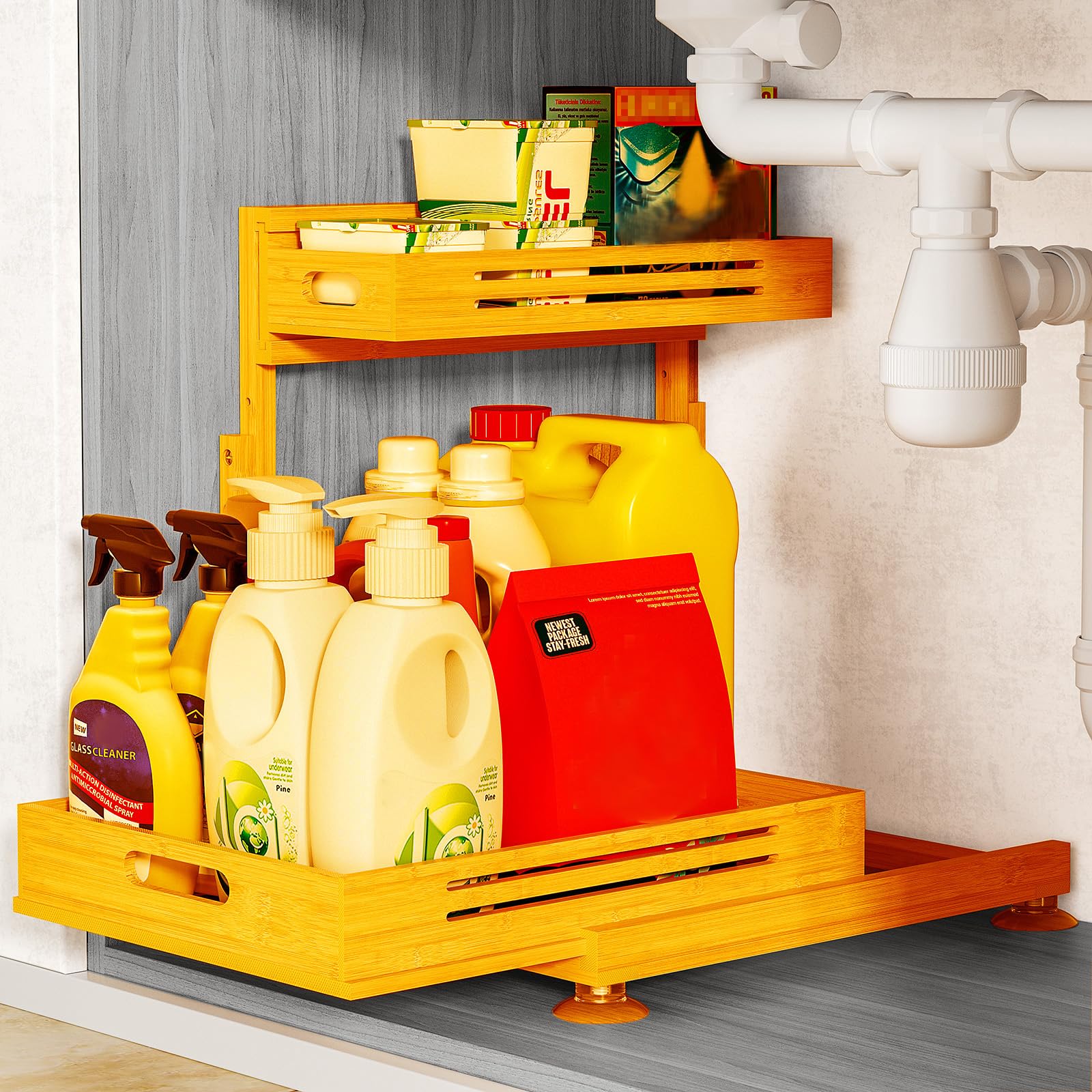 Banlilu Under Sink Organizer, Pull Out Cabinet Organizer, 2 Tier Slide Out Sink Shelf Cabinet Storage Shelves, Storage for Kitchen Bathroom, Natural Premium Bamboo Wood