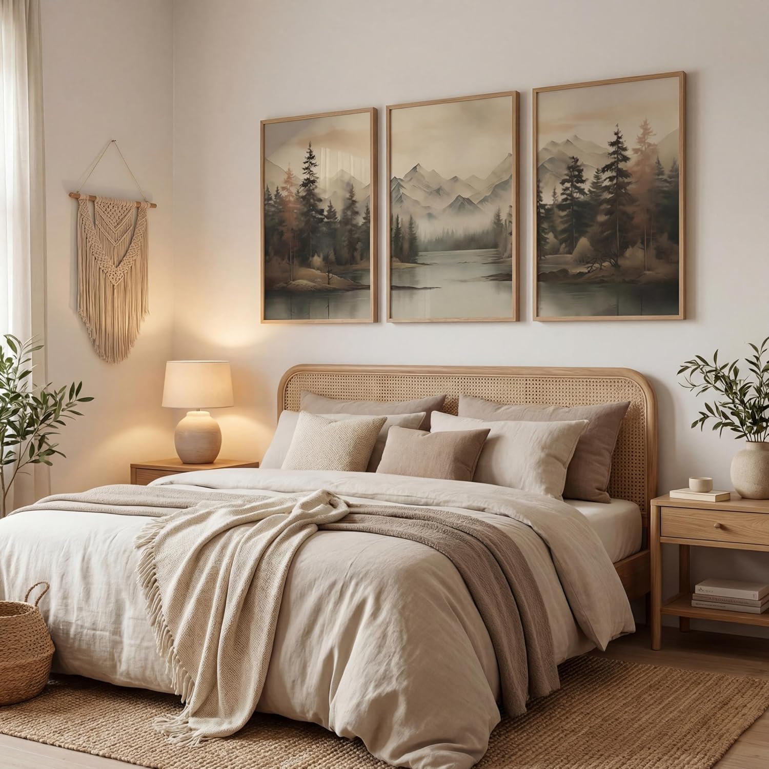 Framed Mountain Landscape Wall Art Canvas Print Vintage Forest Lake Nature Painting Picture Ready to Hang Living Room Bedroom Office Decor 12x16 Inches
