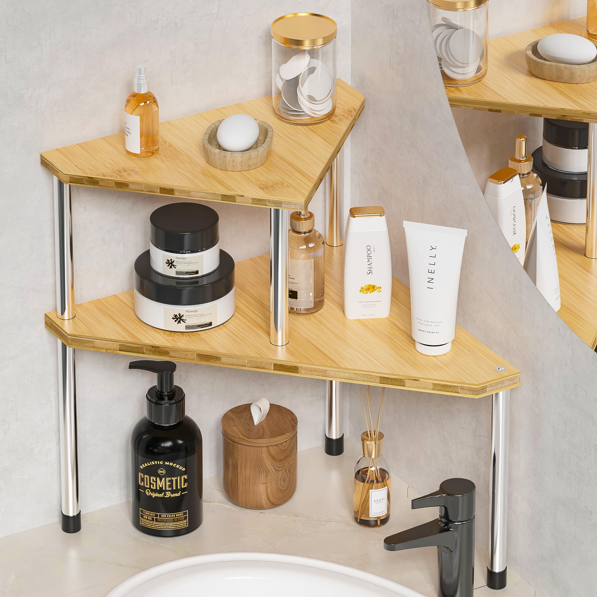Weenson Bathroom Organizer Countertop, Bathroom Sink Organizer for Toiletries, Makeup, Skincare, Bamboo 2-Tier Kitchen Countertop Organizer for Spice Salt (Brwon)