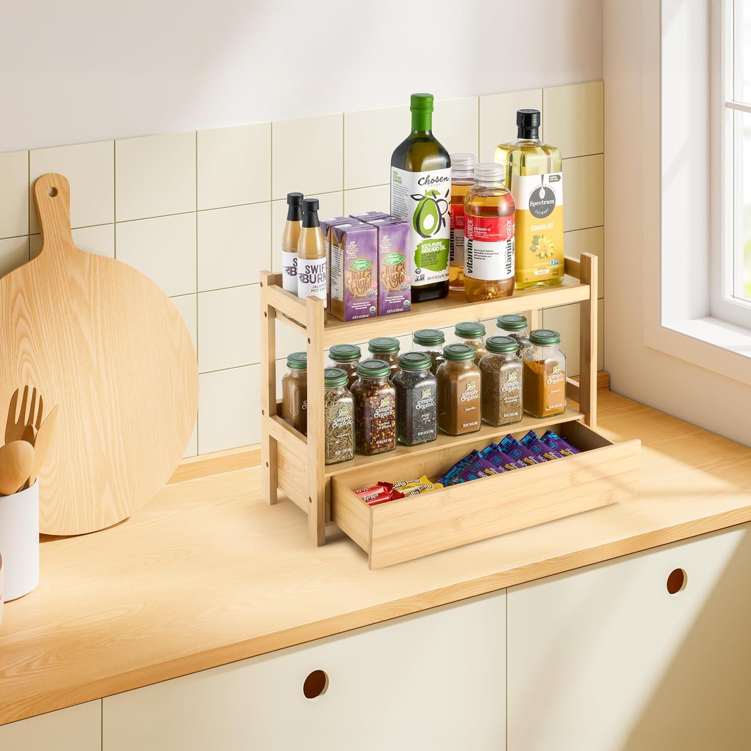 Sorbus Bamboo Bathroom Counter Organizer – 2-Tier Shelf with Hidden Drawer for Vanity, Matcha Station, Bathroom Sink Organizer Countertop, Kitchen & Office Storage (17″ L x 6.5″ W x 12.6″ H)