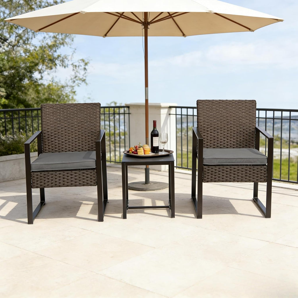 UNITED FLAMES 3 Piece Patio Furniture Set, Balcony Wicker Furniture with Tempered Glass Table & Water Resistant Cushions, Modern Rattan Chairs for Porch, Backyard, Poolside, Garden, Brown