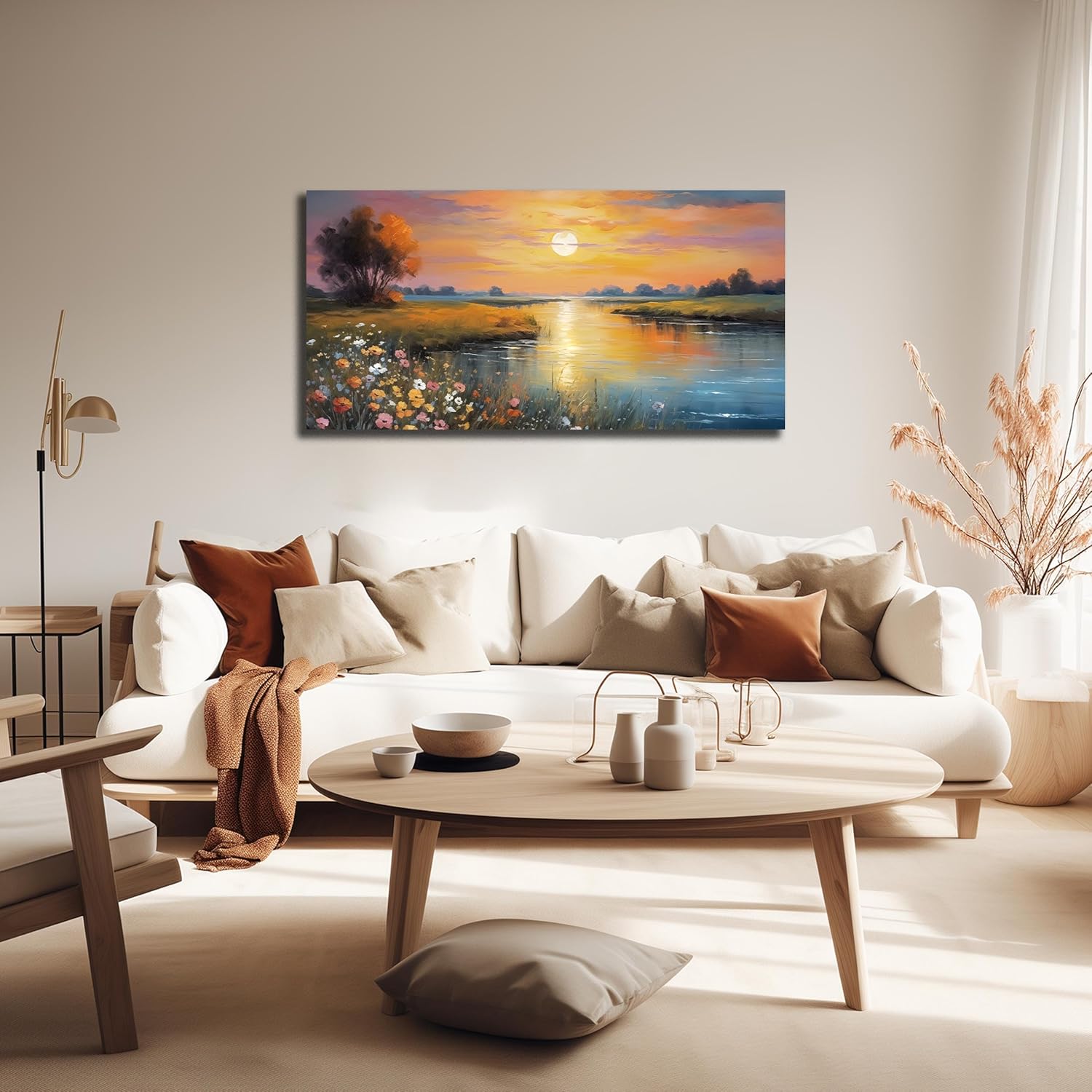 Orange Yellow Sunset Lake Landscape Canvas Wall Art with Vibrant Colorful Wildflowers & Distant Mountain, Serene Nature Scene Picture Print Painting Artwork for Living Room Bedroom Decor 40x20 Inches