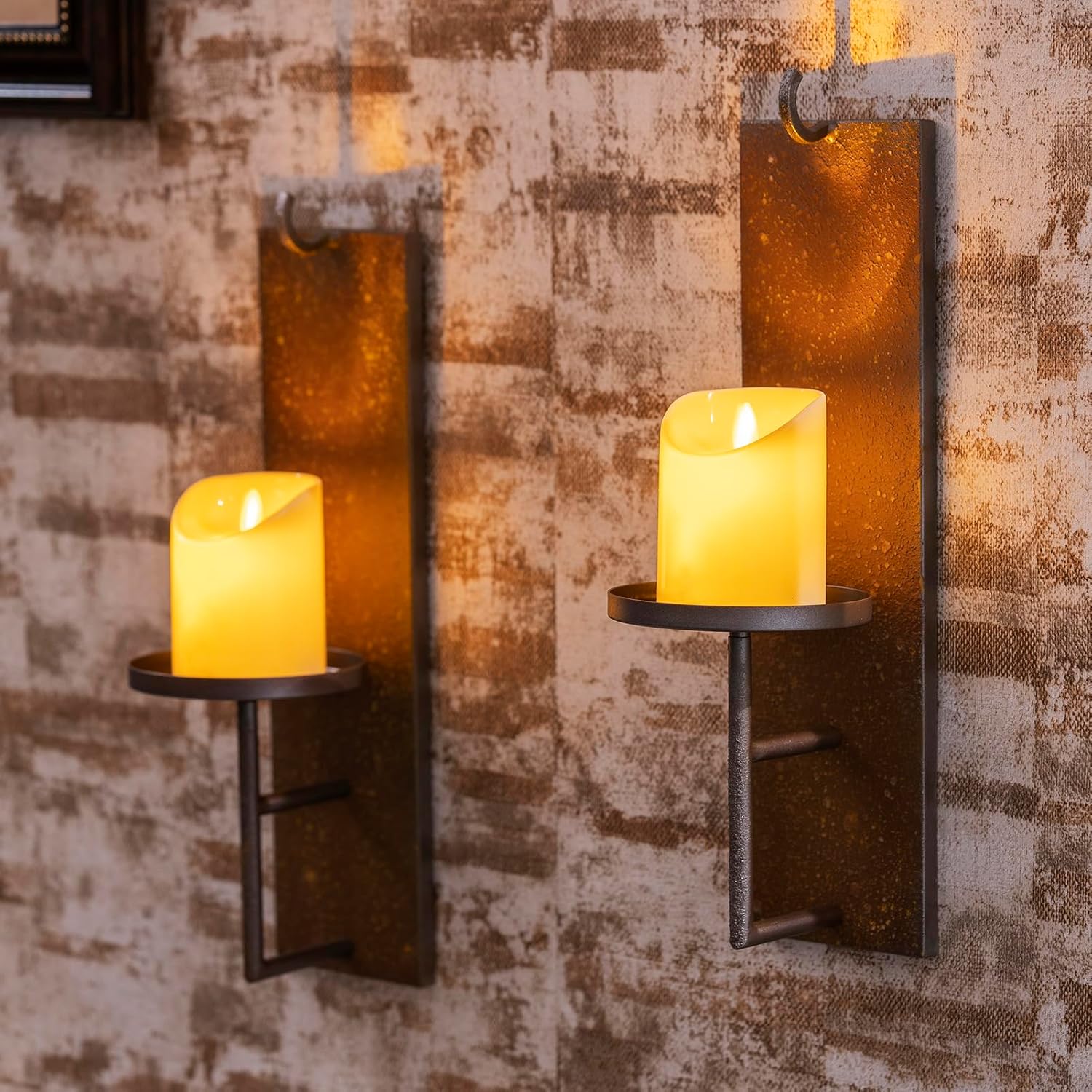 Set of 2 Vintage Wall Candle Sconce, Distressed Iron Metal, 15.6 x 3.9 inches, Rustic Farmhouse Style