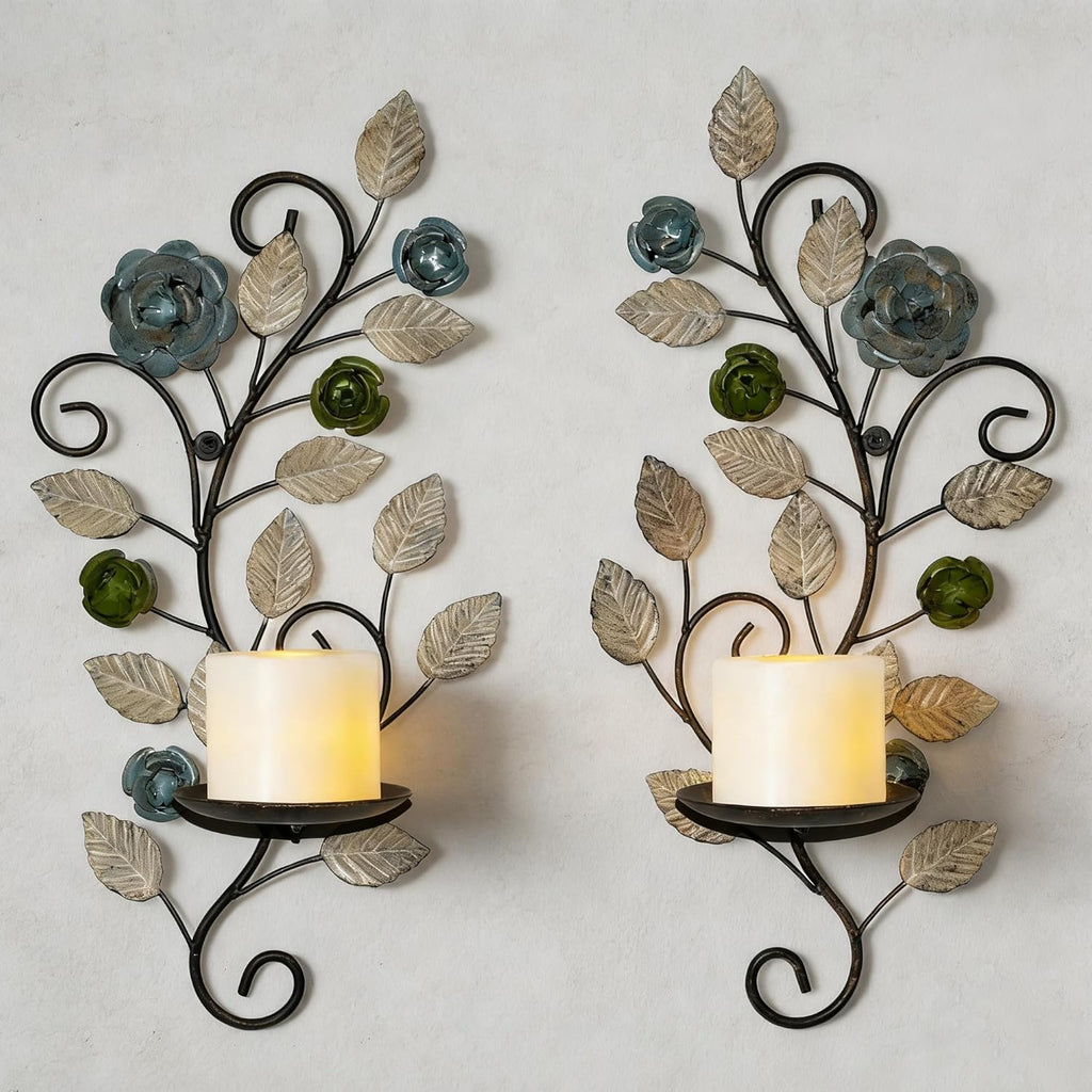 Metal Wall Candle Sconce Holders Set of 2, Rustic Leaf and Flower Branch Candle Holder Wall Decoration for Living Room Farmhouse Wedding Fireplace