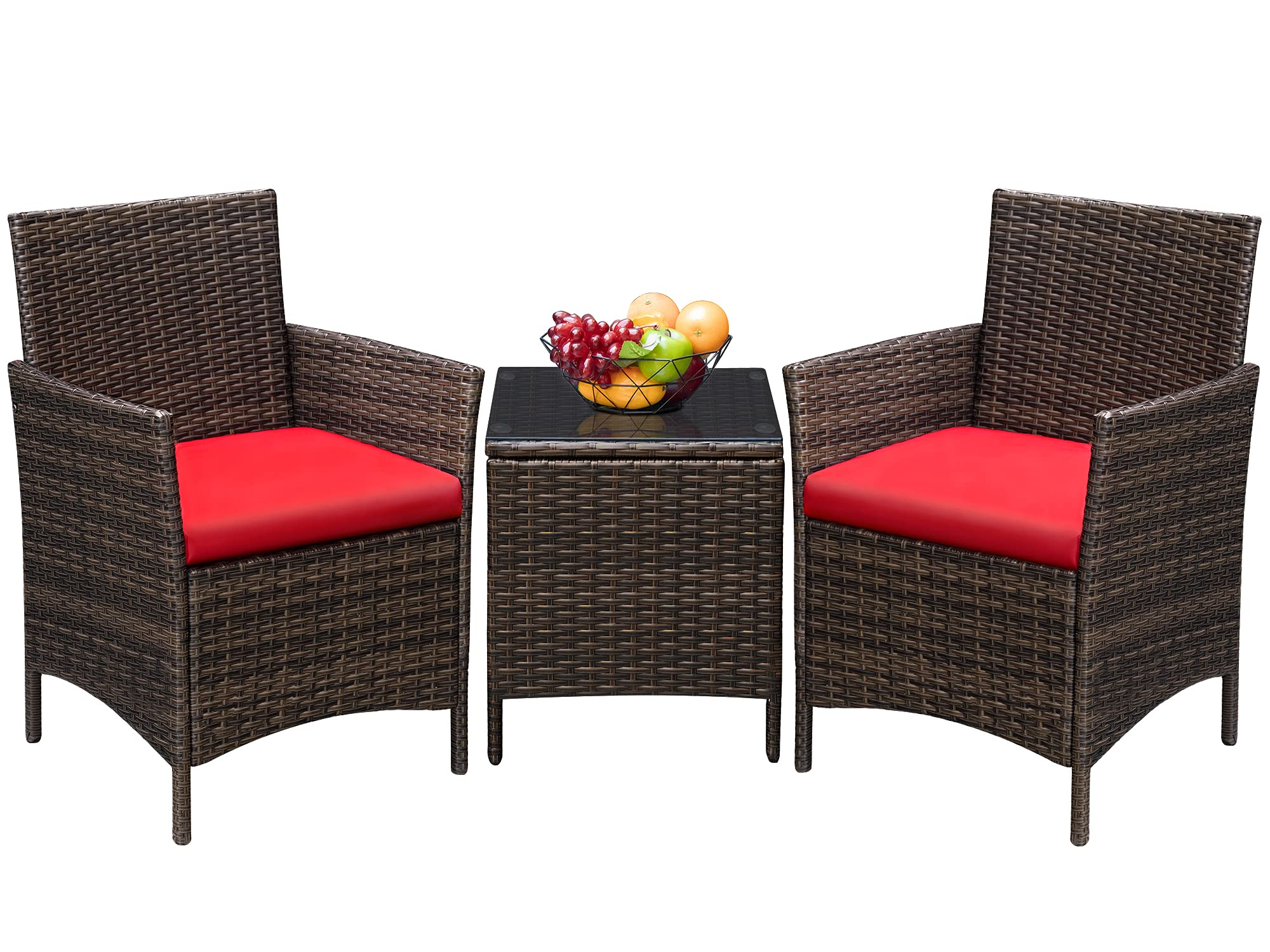 Greesum 3 Pieces Patio Furniture Sets Outdoor PE Rattan Wicker Chairs with Soft Cushion and Glass Coffee Table for Garden Backyard Porch Poolside, Brown and Beige