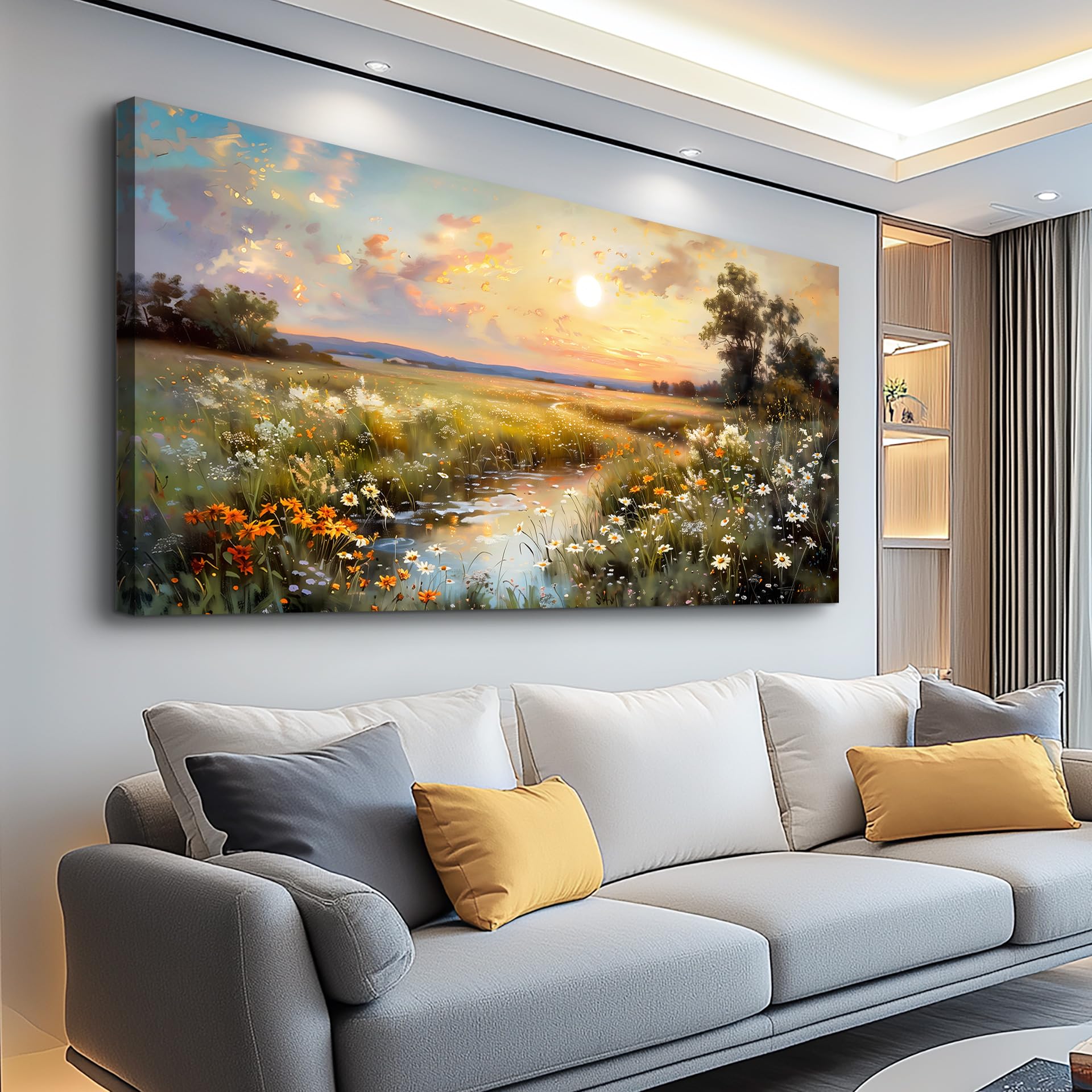 hyidecorart Vintage Farmhouse Wildflower Wall Paintings Canvas Wall Art for Living Room Wall Decor for Bedroom Office Decorations Nature Landscape Picture Artwork Aesthetic Home Decor Ready To Hang